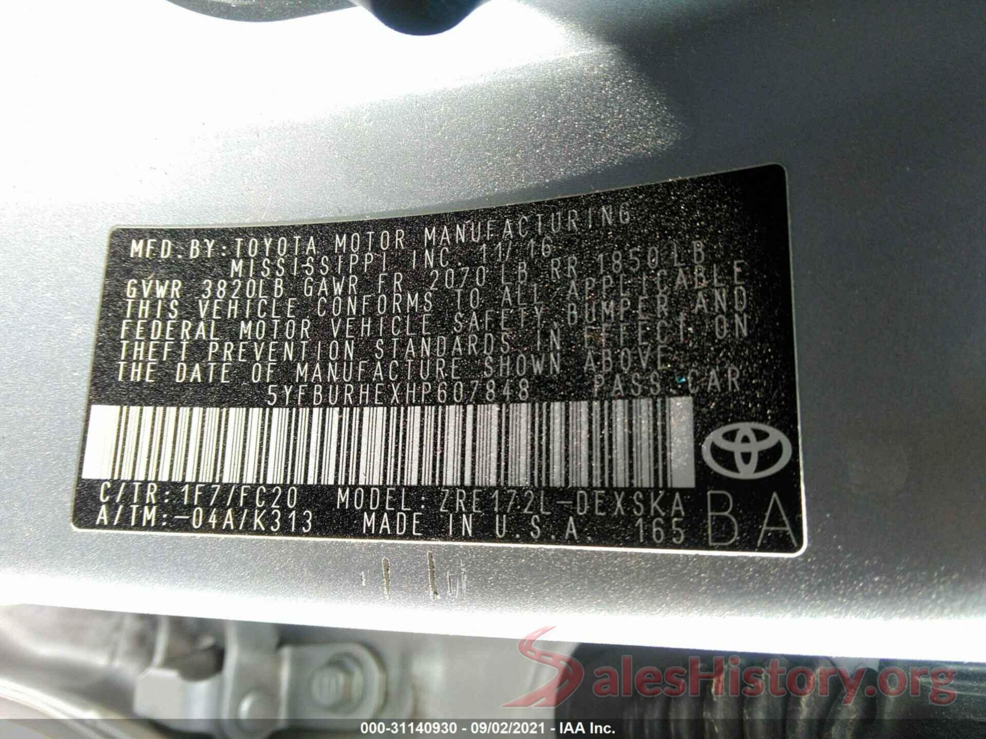 5YFBURHEXHP607848 2017 TOYOTA COROLLA