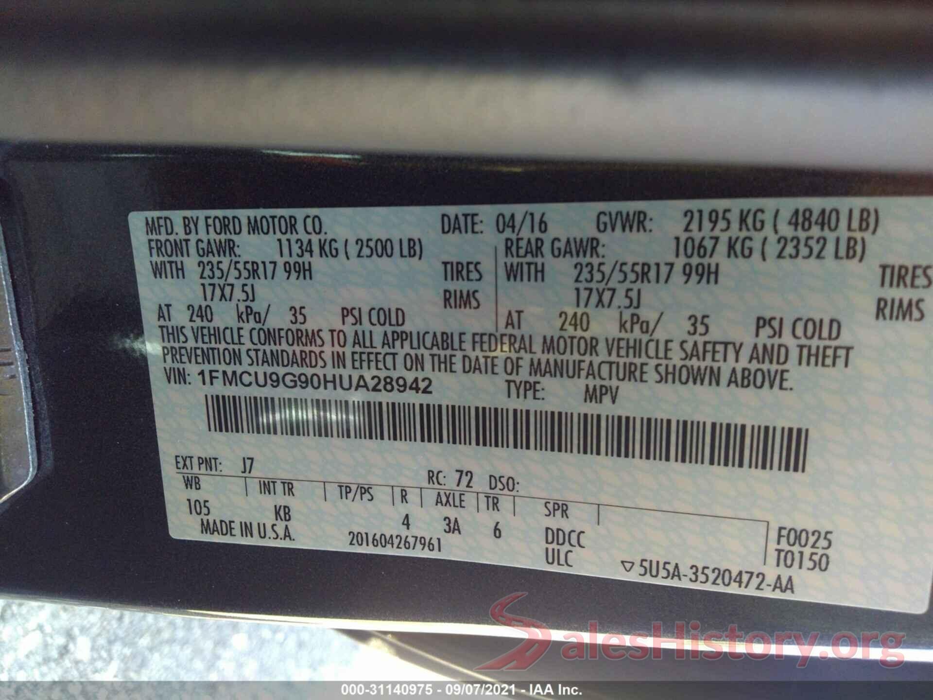 1FMCU9G90HUA28942 2017 FORD ESCAPE