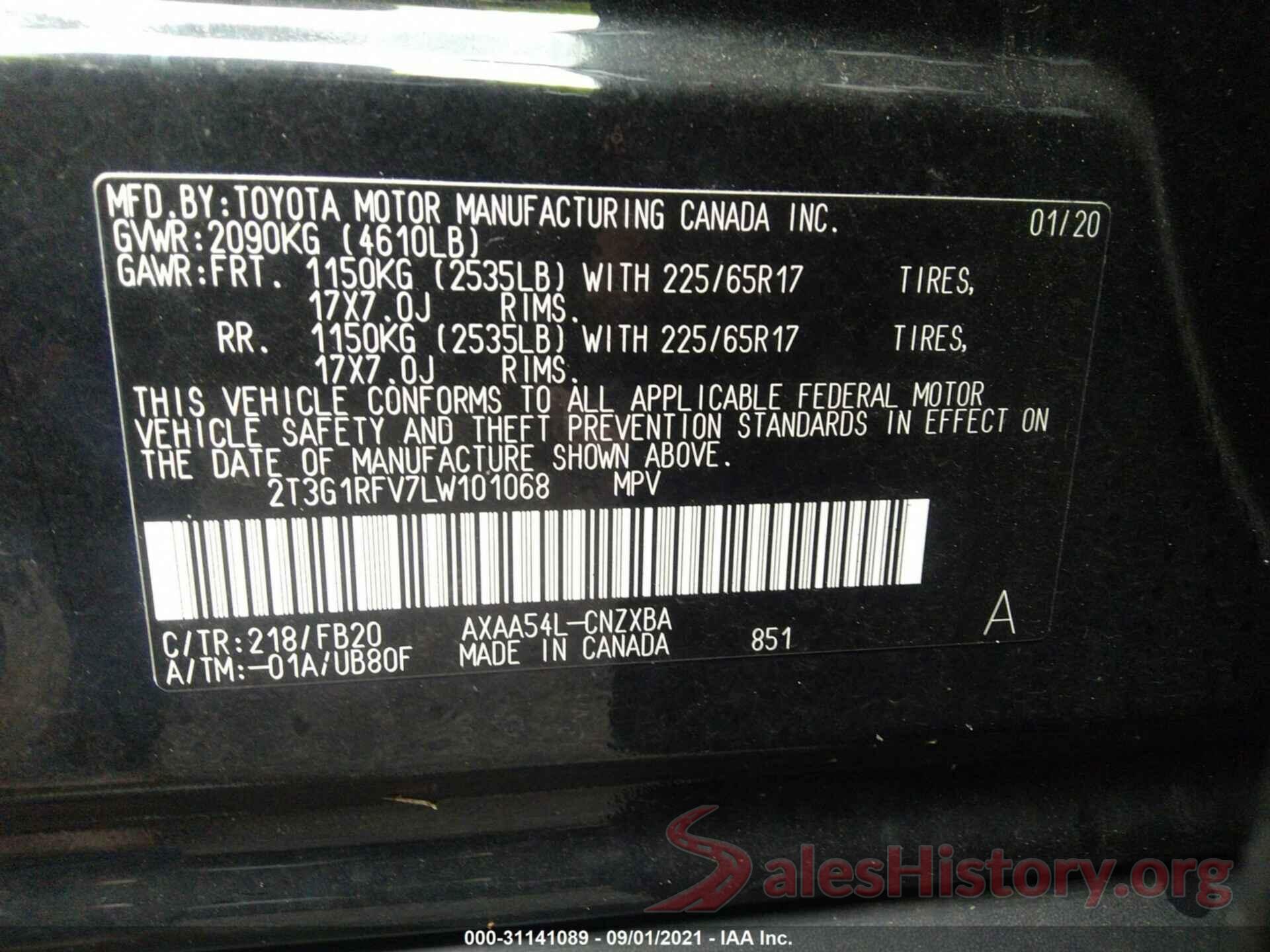 2T3G1RFV7LW101068 2020 TOYOTA RAV4