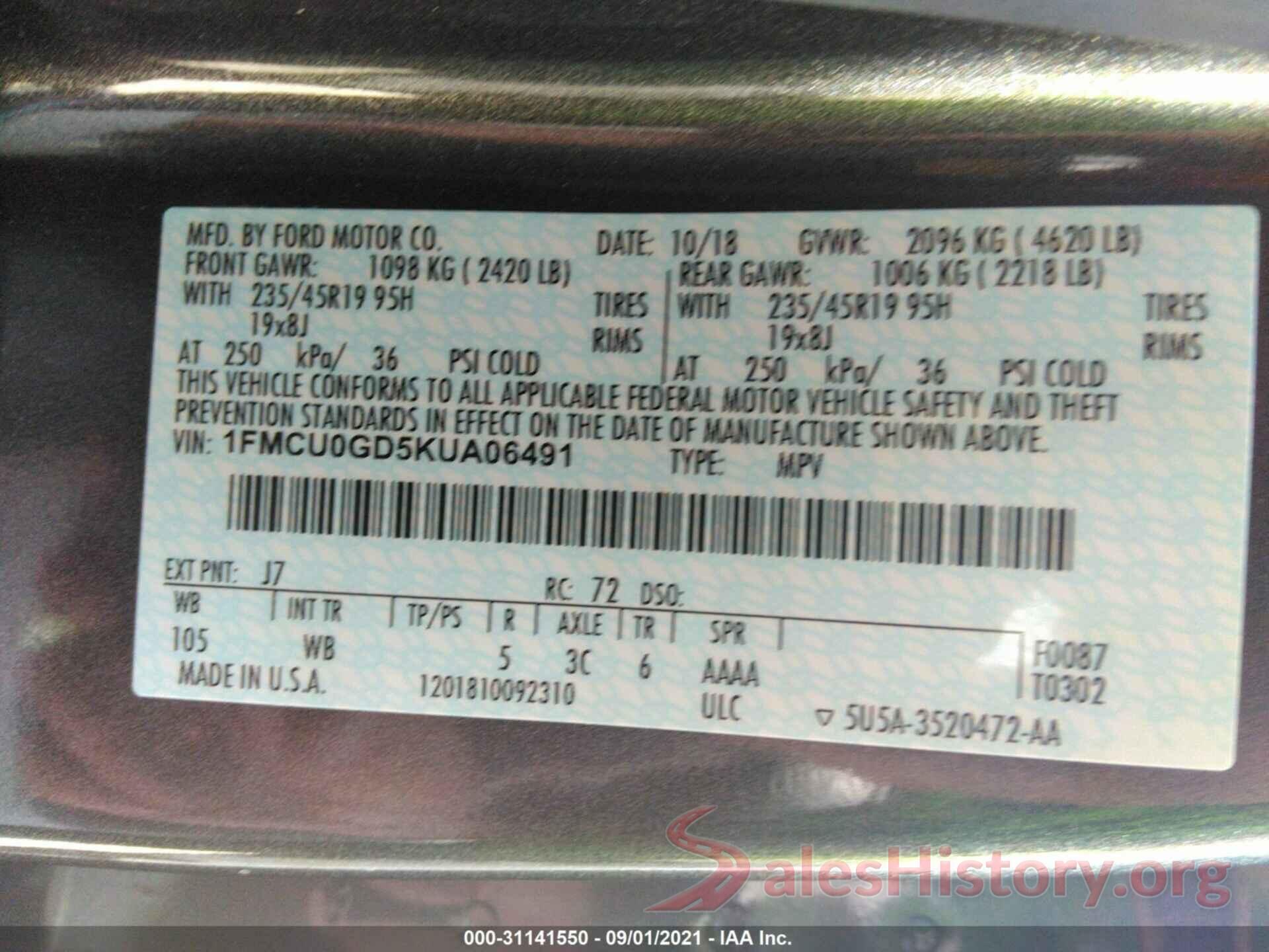 1FMCU0GD5KUA06491 2019 FORD ESCAPE