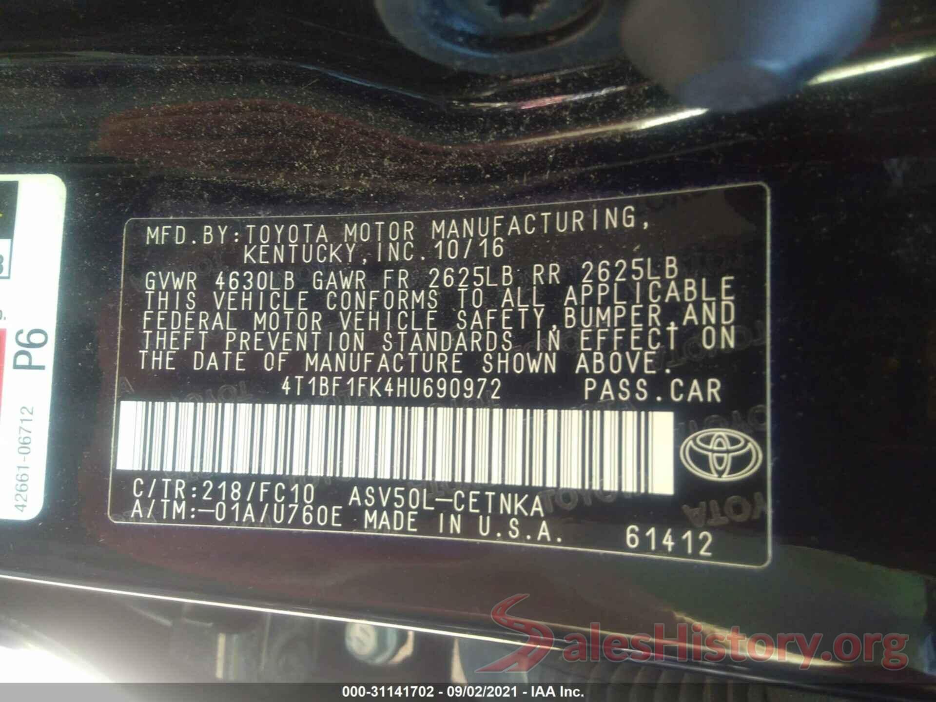 4T1BF1FK4HU690972 2017 TOYOTA CAMRY