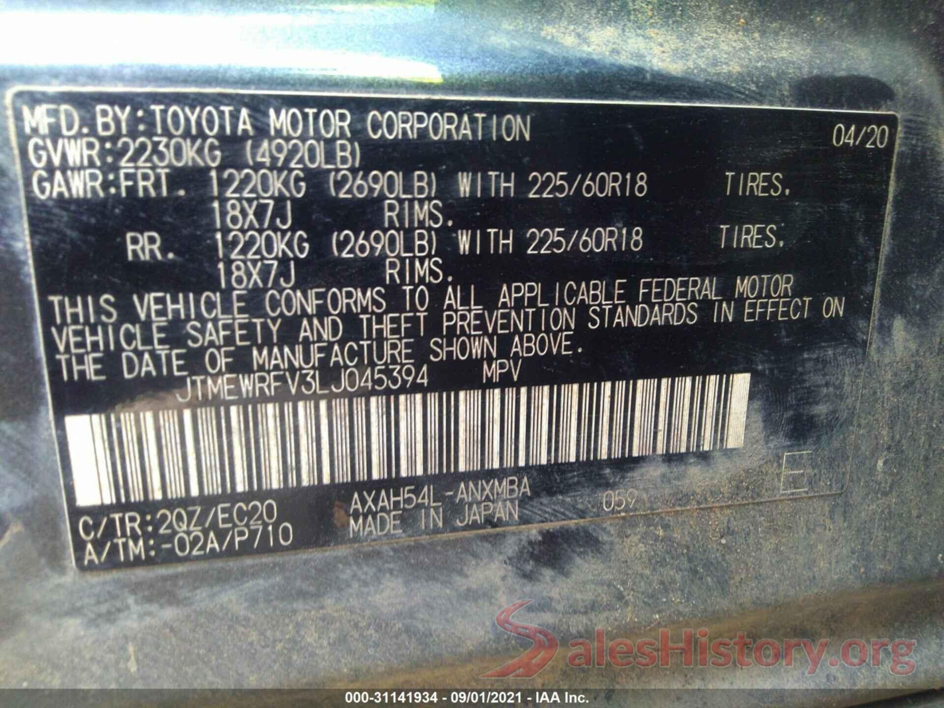 JTMEWRFV3LJ045394 2020 TOYOTA RAV4