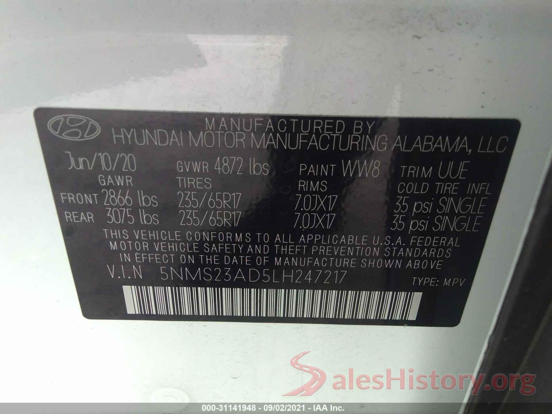 5NMS23AD5LH247217 2020 HYUNDAI SANTA FE