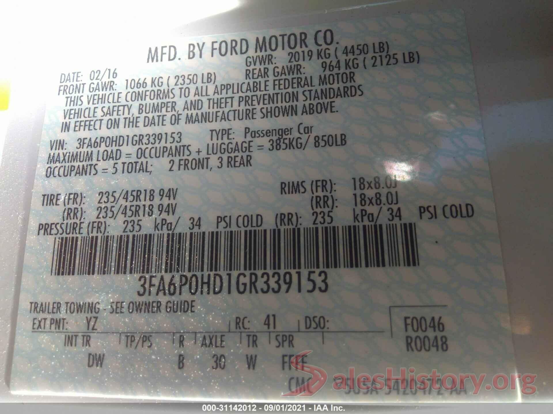 3FA6P0HD1GR339153 2016 FORD FUSION