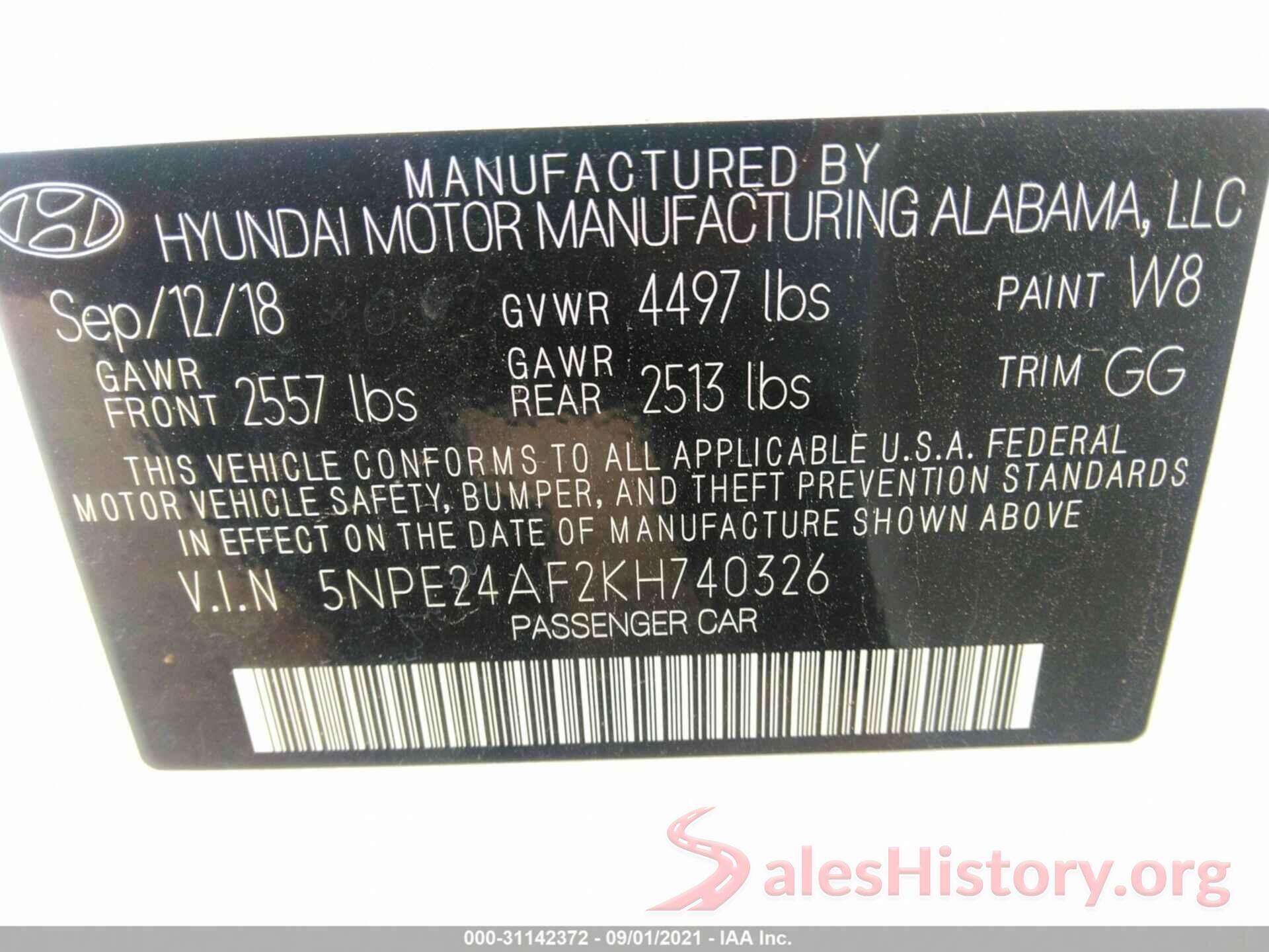 5NPE24AF2KH740326 2019 HYUNDAI SONATA