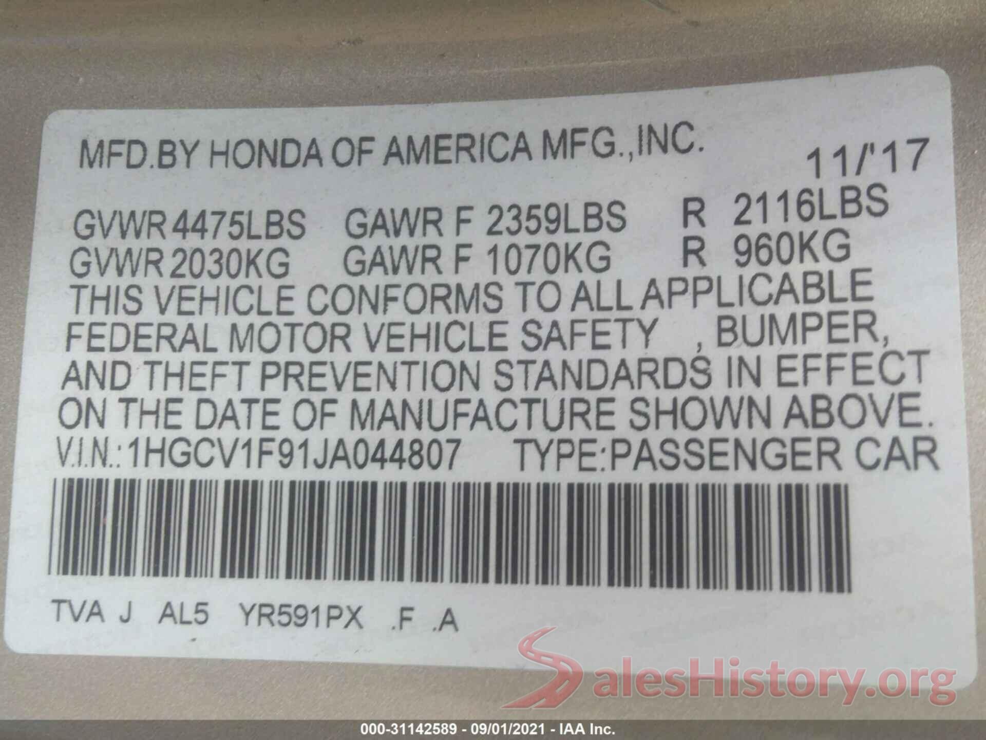 1HGCV1F91JA044807 2018 HONDA ACCORD SEDAN