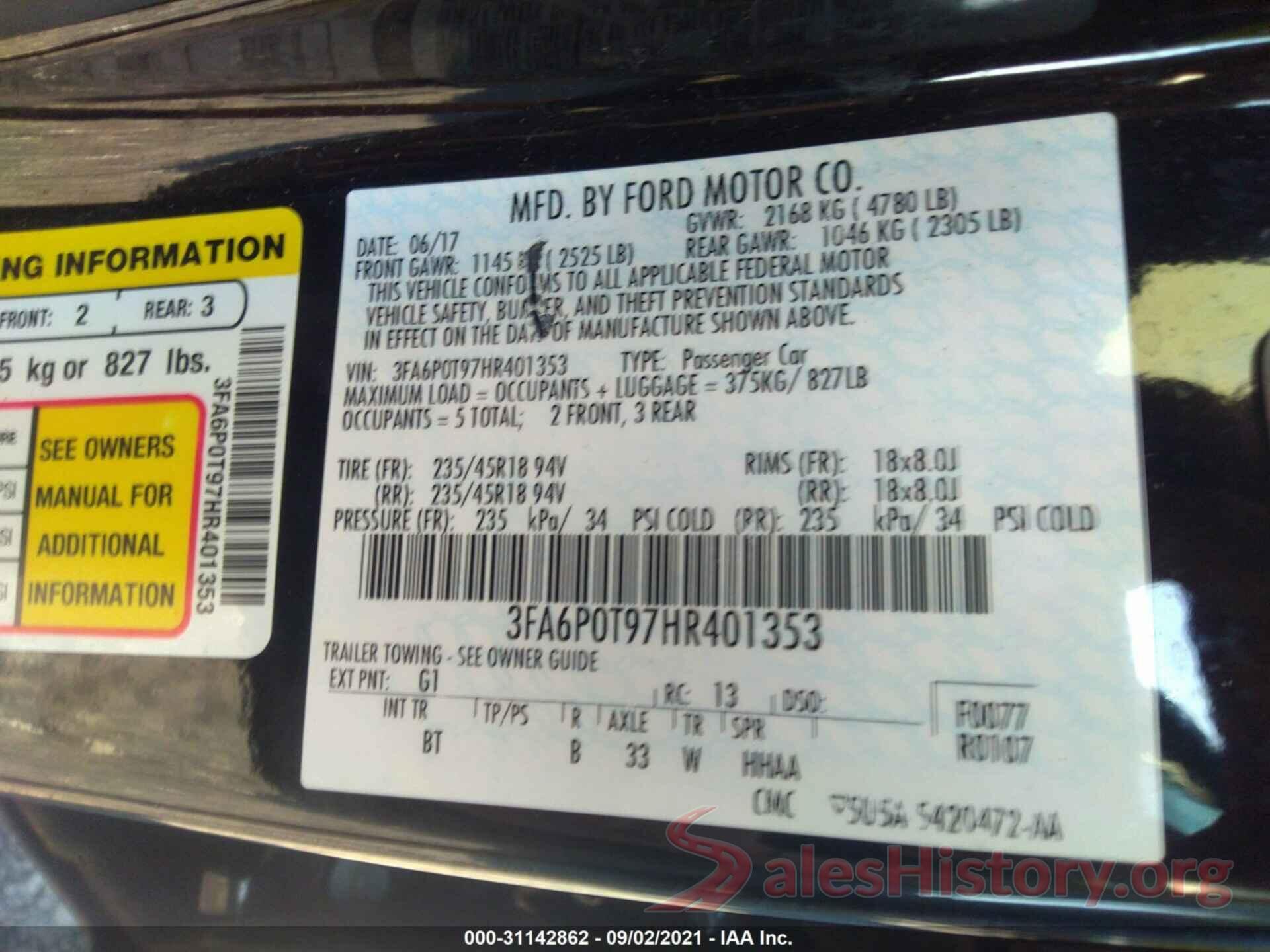 3FA6P0T97HR401353 2017 FORD FUSION