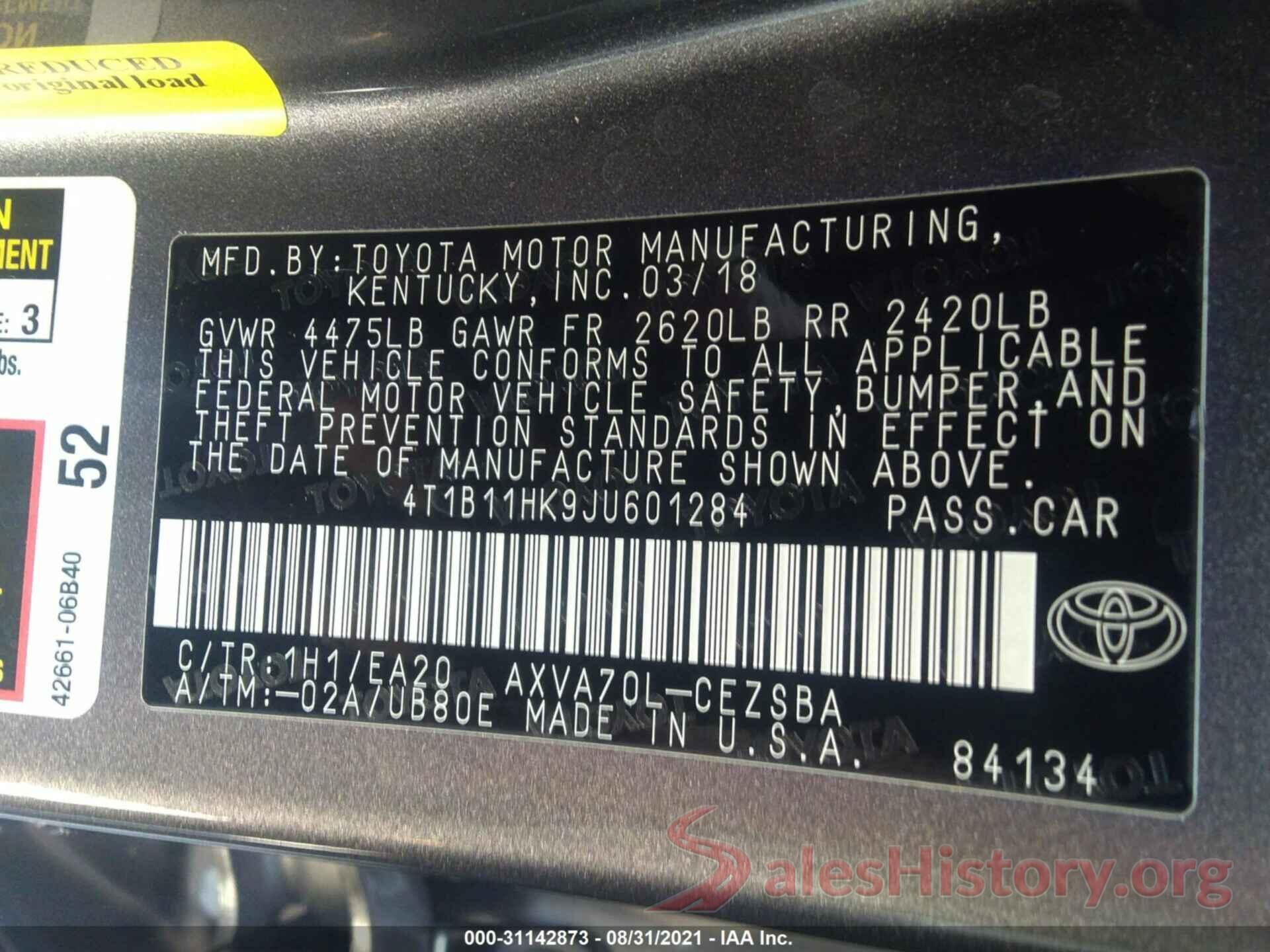 4T1B11HK9JU601284 2018 TOYOTA CAMRY