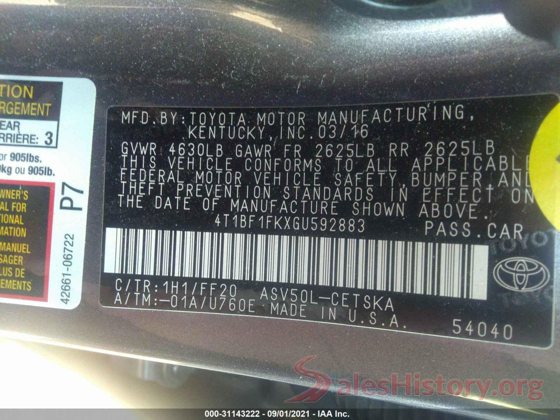 4T1BF1FKXGU592883 2016 TOYOTA CAMRY