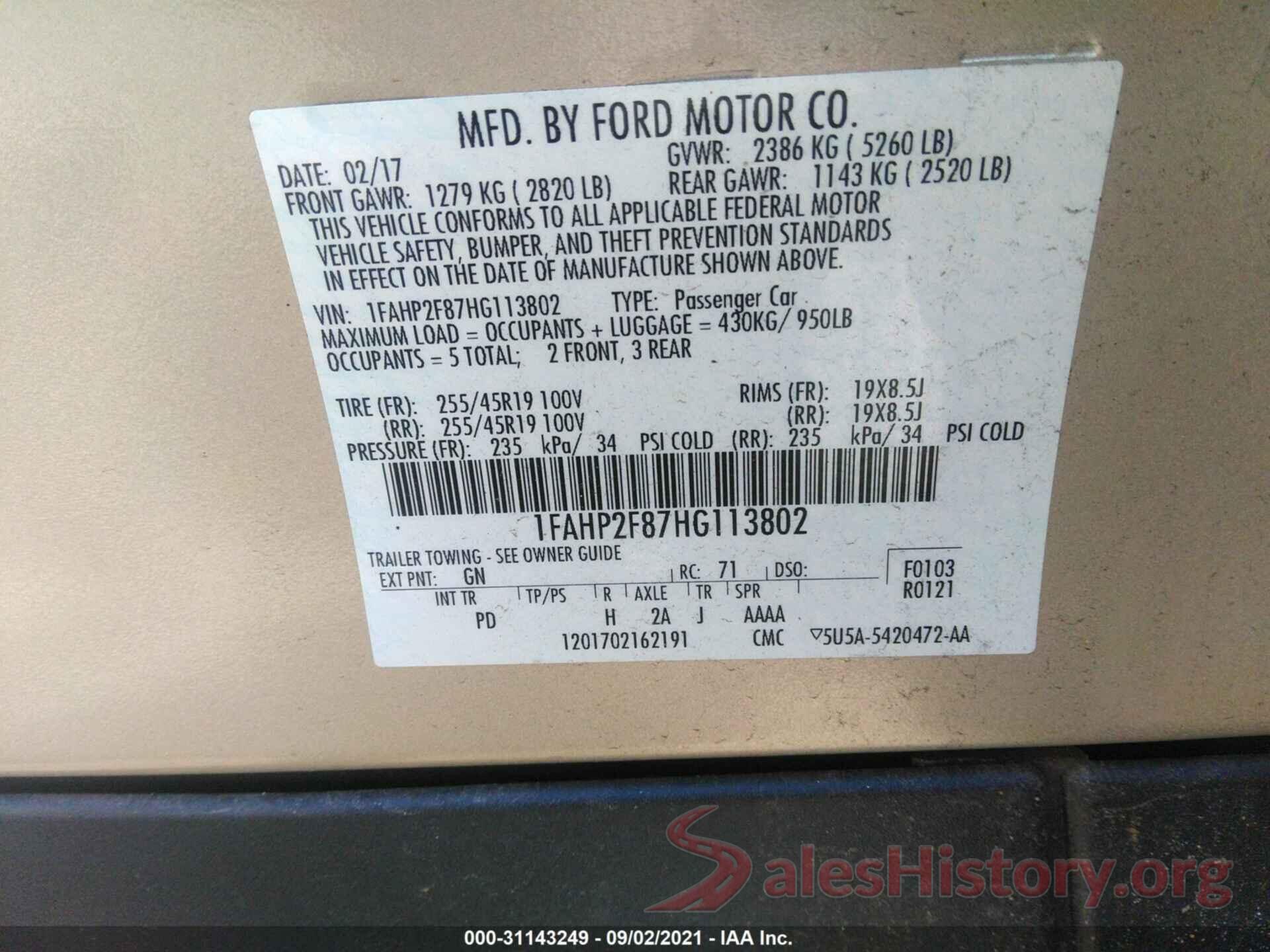 1FAHP2F87HG113802 2017 FORD TAURUS