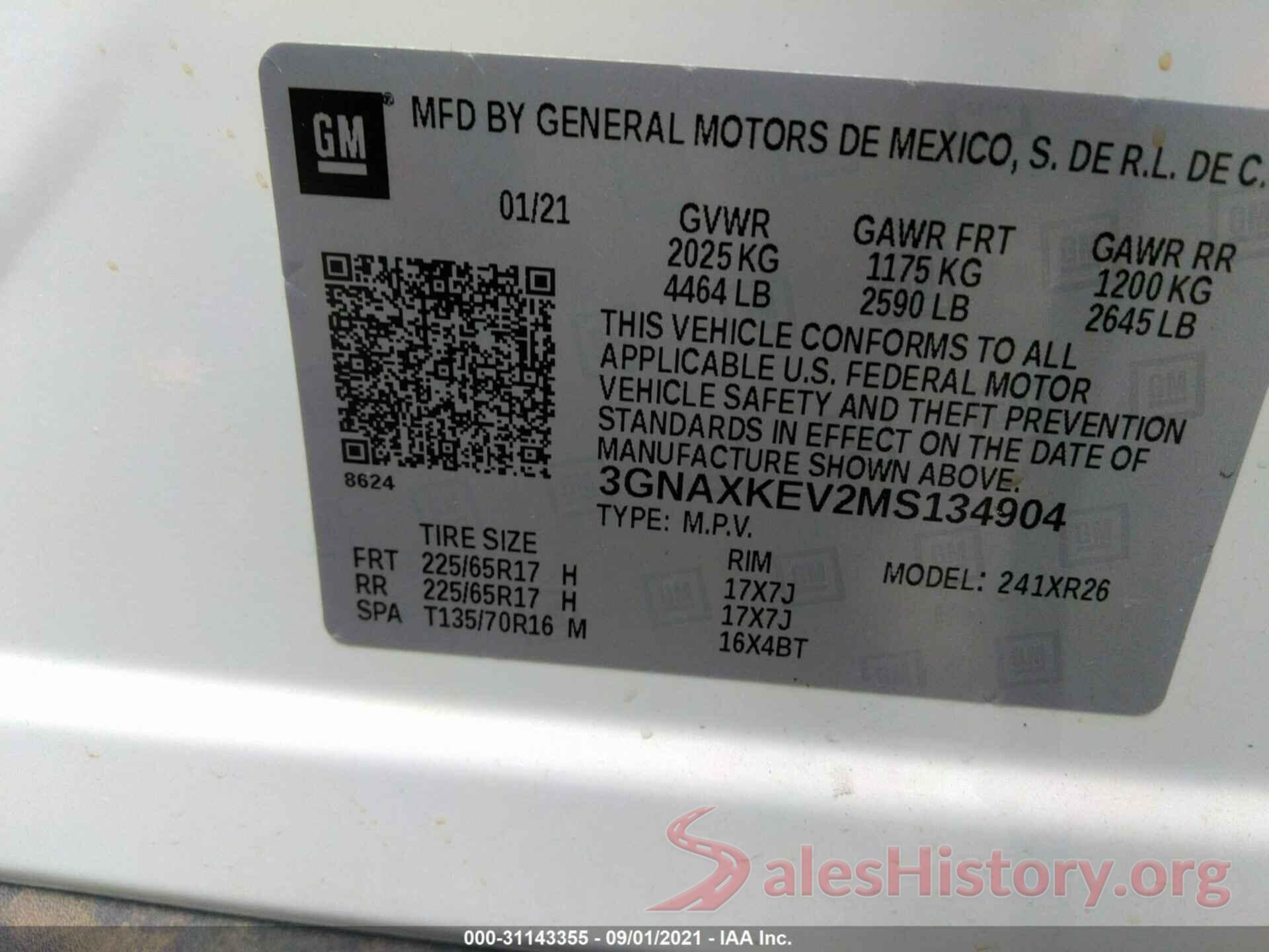 3GNAXKEV2MS134904 2021 CHEVROLET EQUINOX