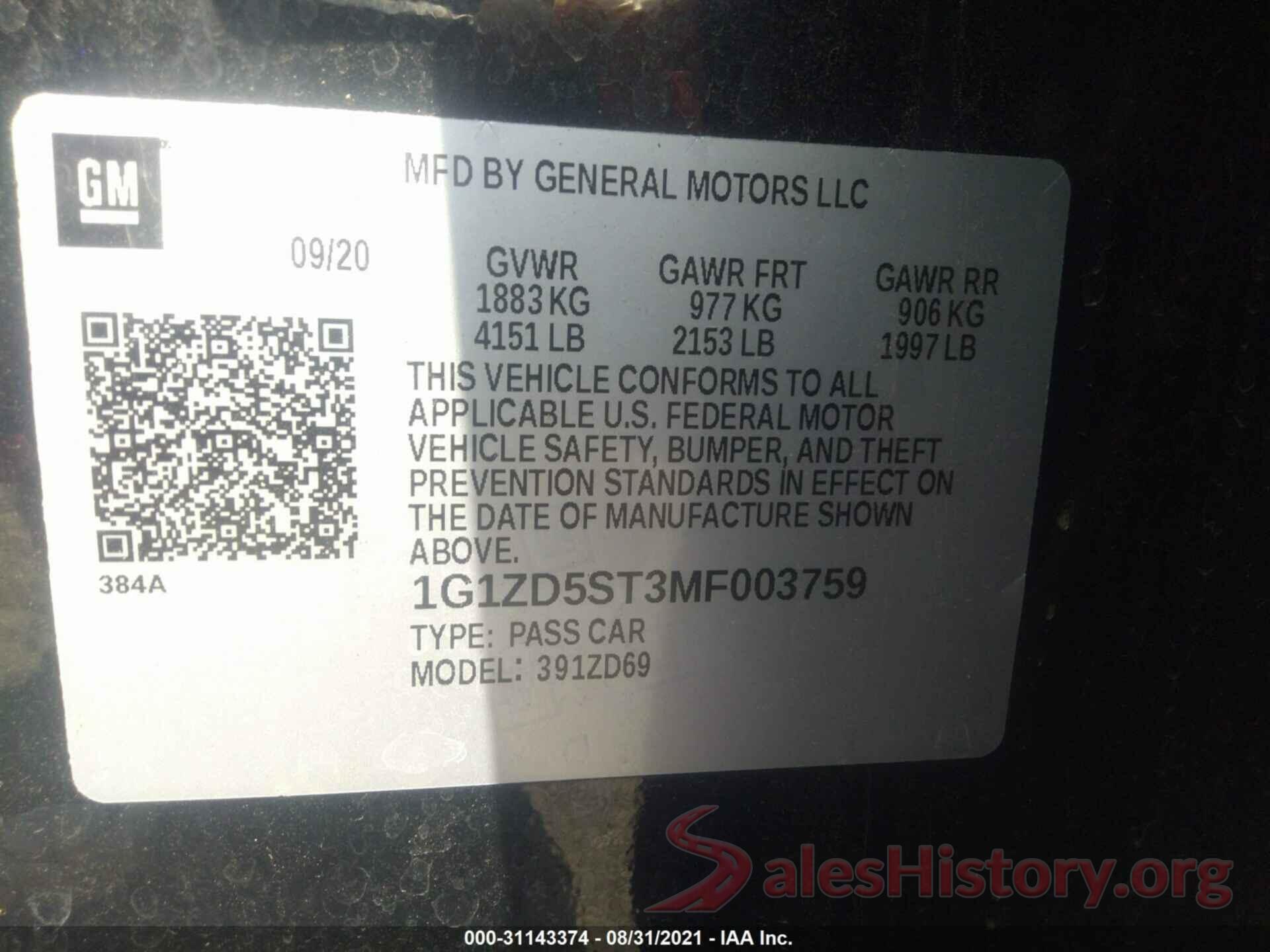 1G1ZD5ST3MF003759 2021 CHEVROLET MALIBU