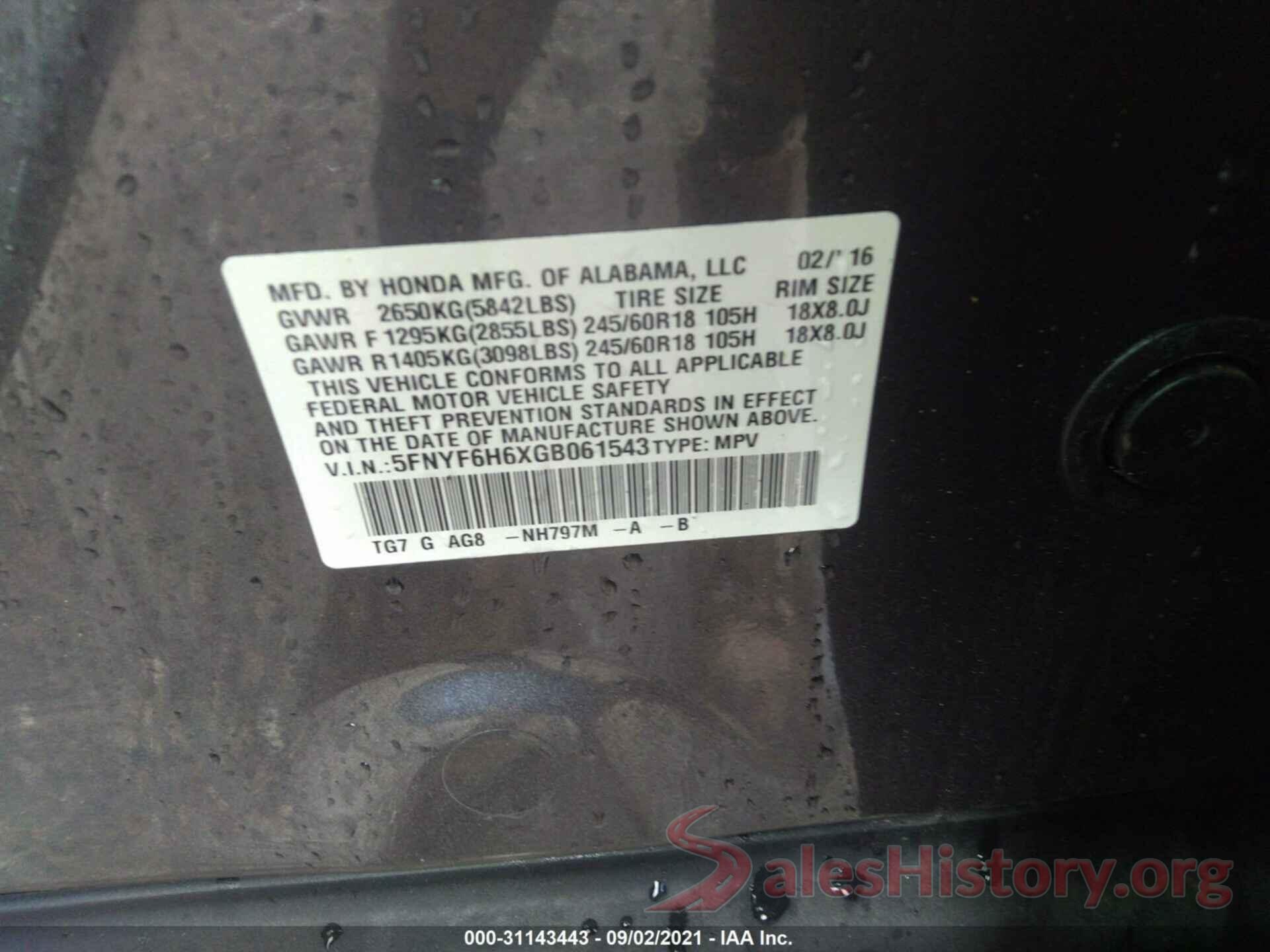 5FNYF6H6XGB061543 2016 HONDA PILOT