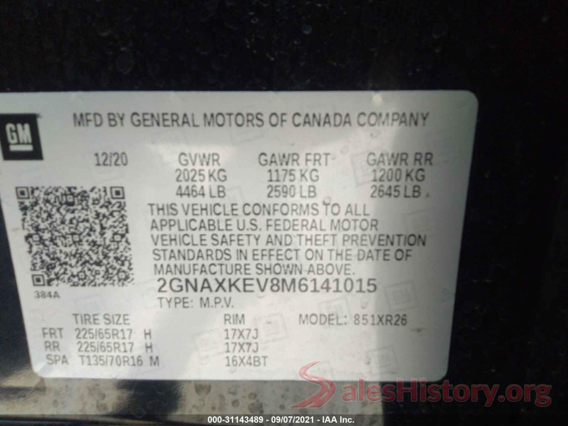 2GNAXKEV8M6141015 2021 CHEVROLET EQUINOX