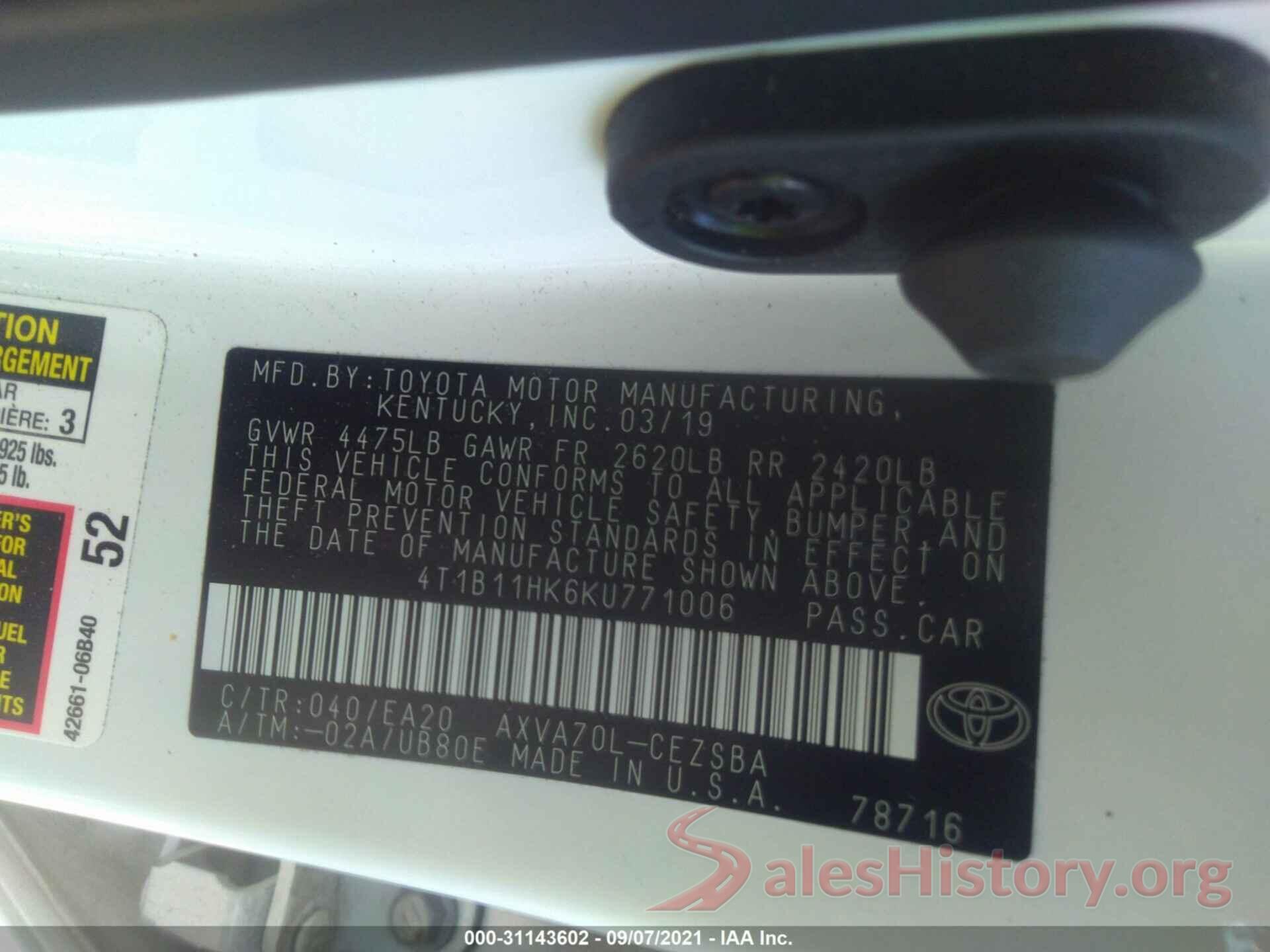 4T1B11HK6KU771006 2019 TOYOTA CAMRY