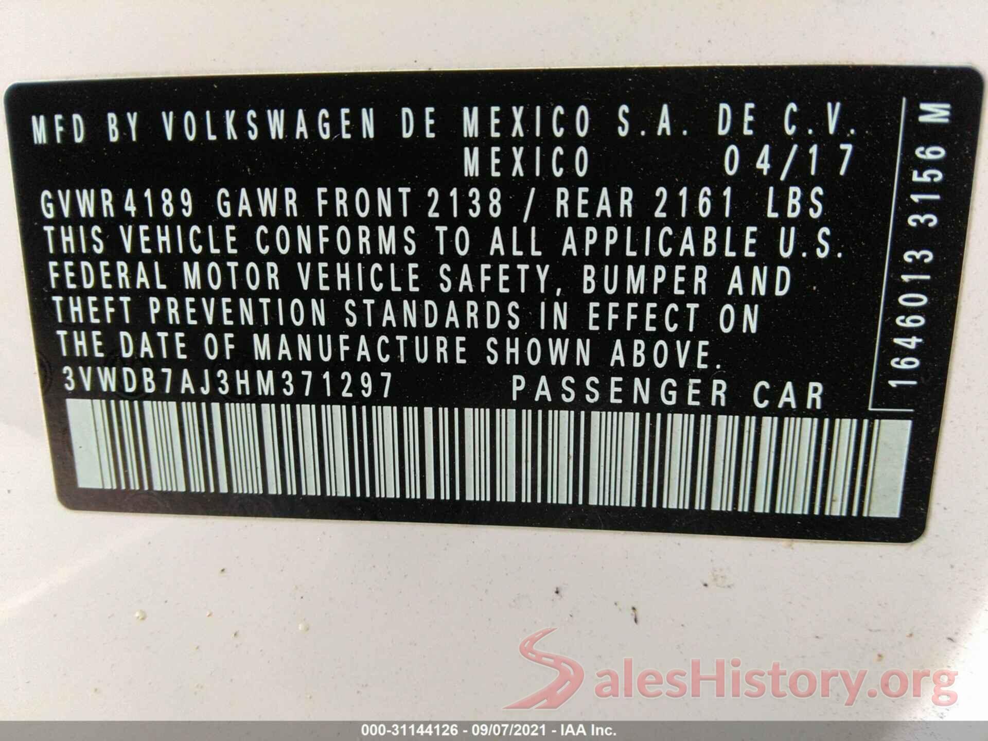 3VWDB7AJ3HM371297 2017 VOLKSWAGEN JETTA