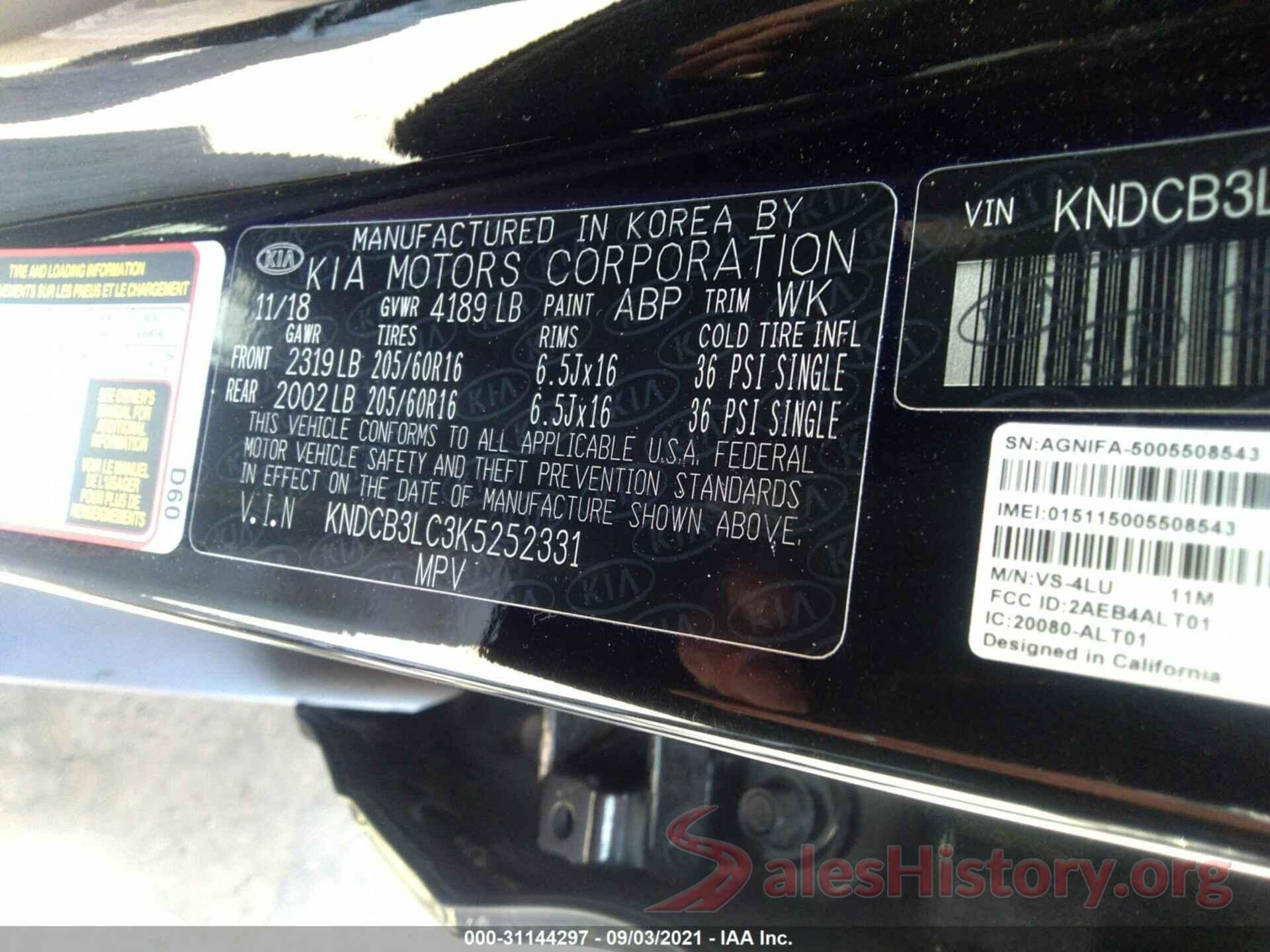 KNDCB3LC3K5252331 2019 KIA NIRO