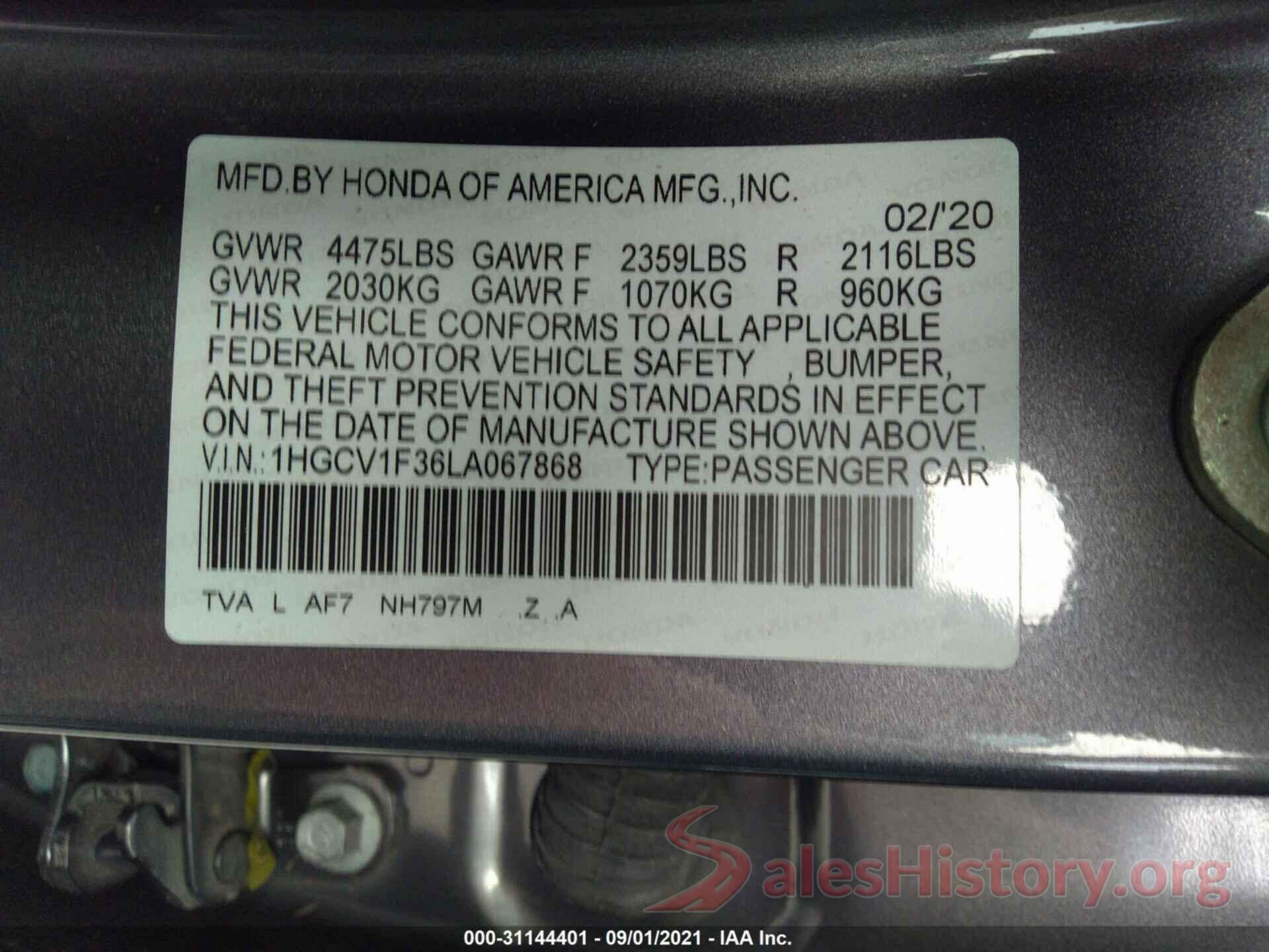 1HGCV1F36LA067868 2020 HONDA ACCORD SEDAN