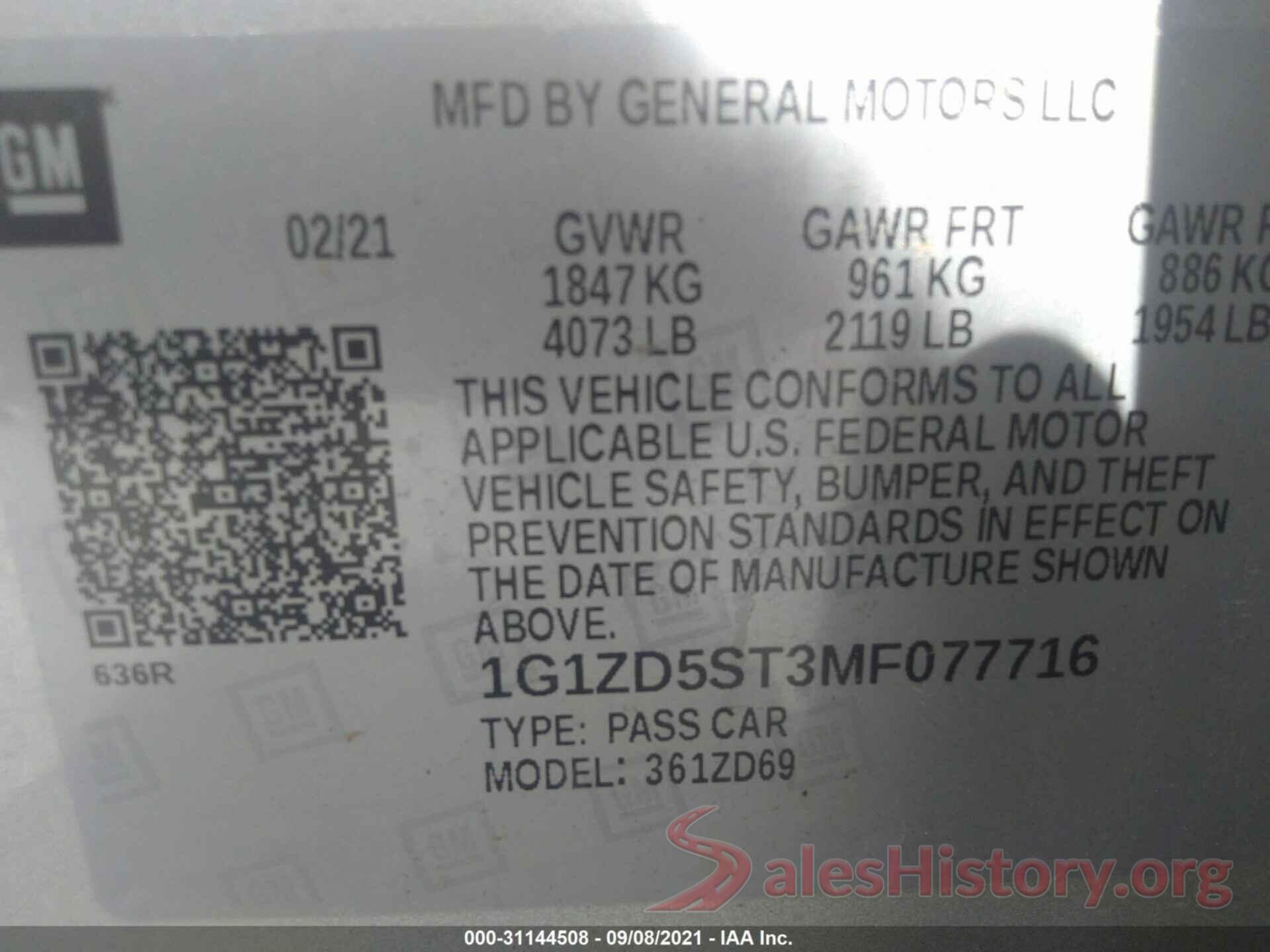 1G1ZD5ST3MF077716 2021 CHEVROLET MALIBU