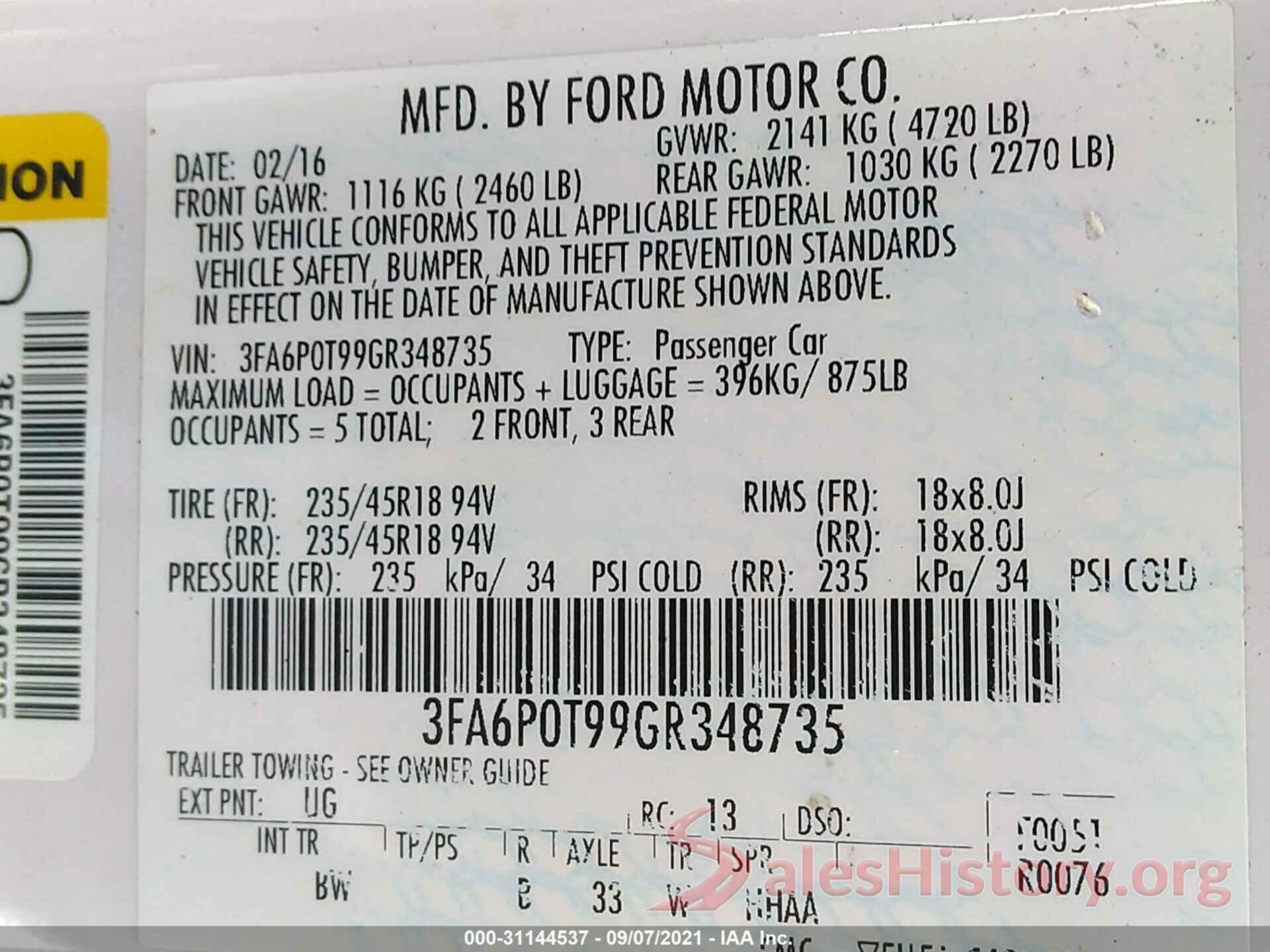 3FA6P0T99GR348735 2016 FORD FUSION