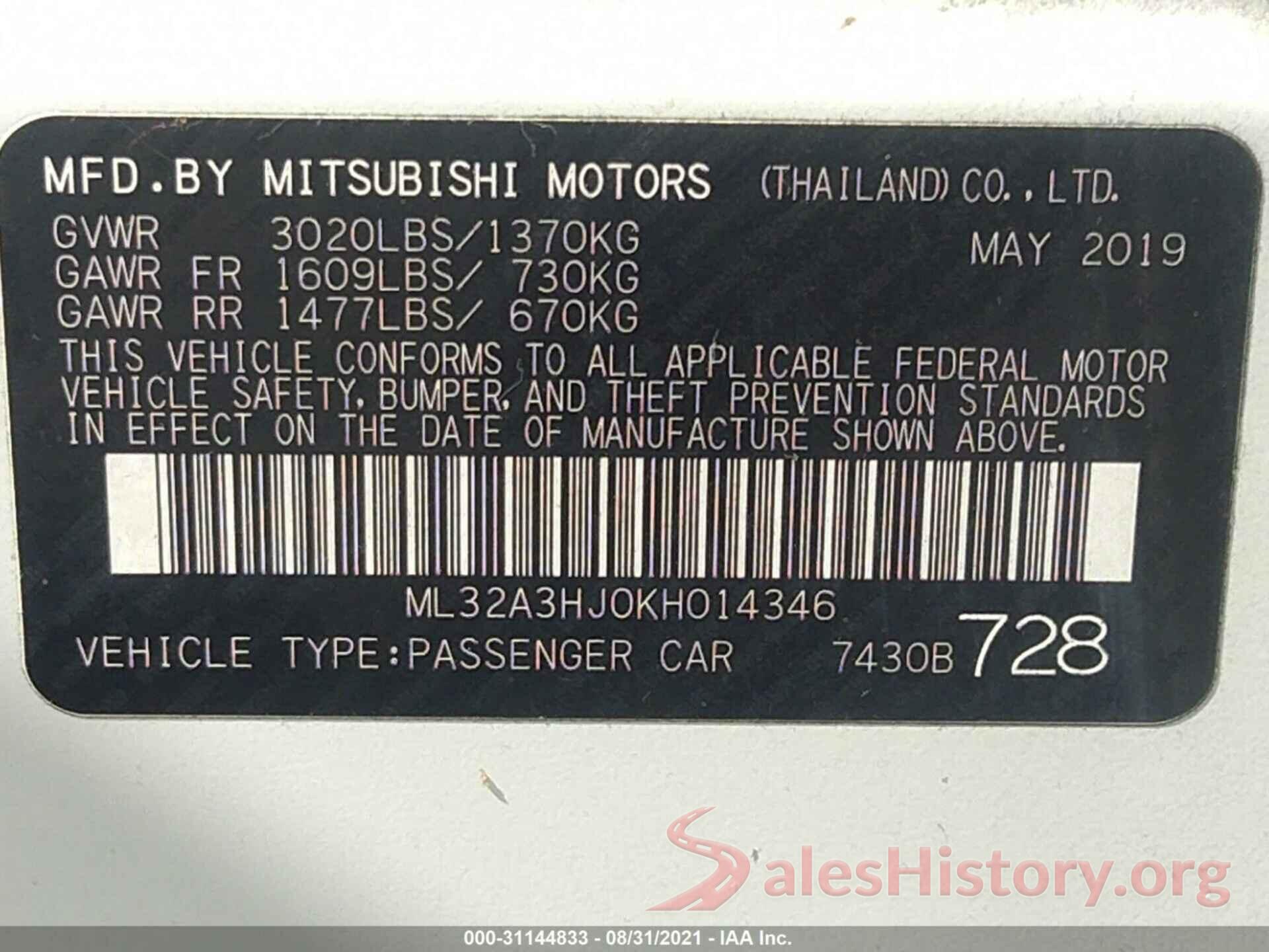 ML32A3HJ0KH014346 2019 MITSUBISHI MIRAGE