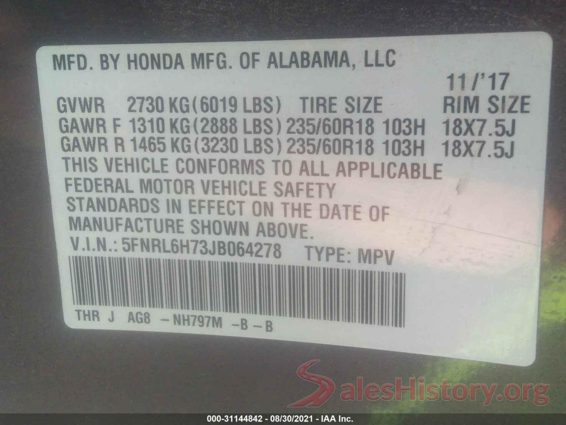 5FNRL6H73JB064278 2018 HONDA ODYSSEY