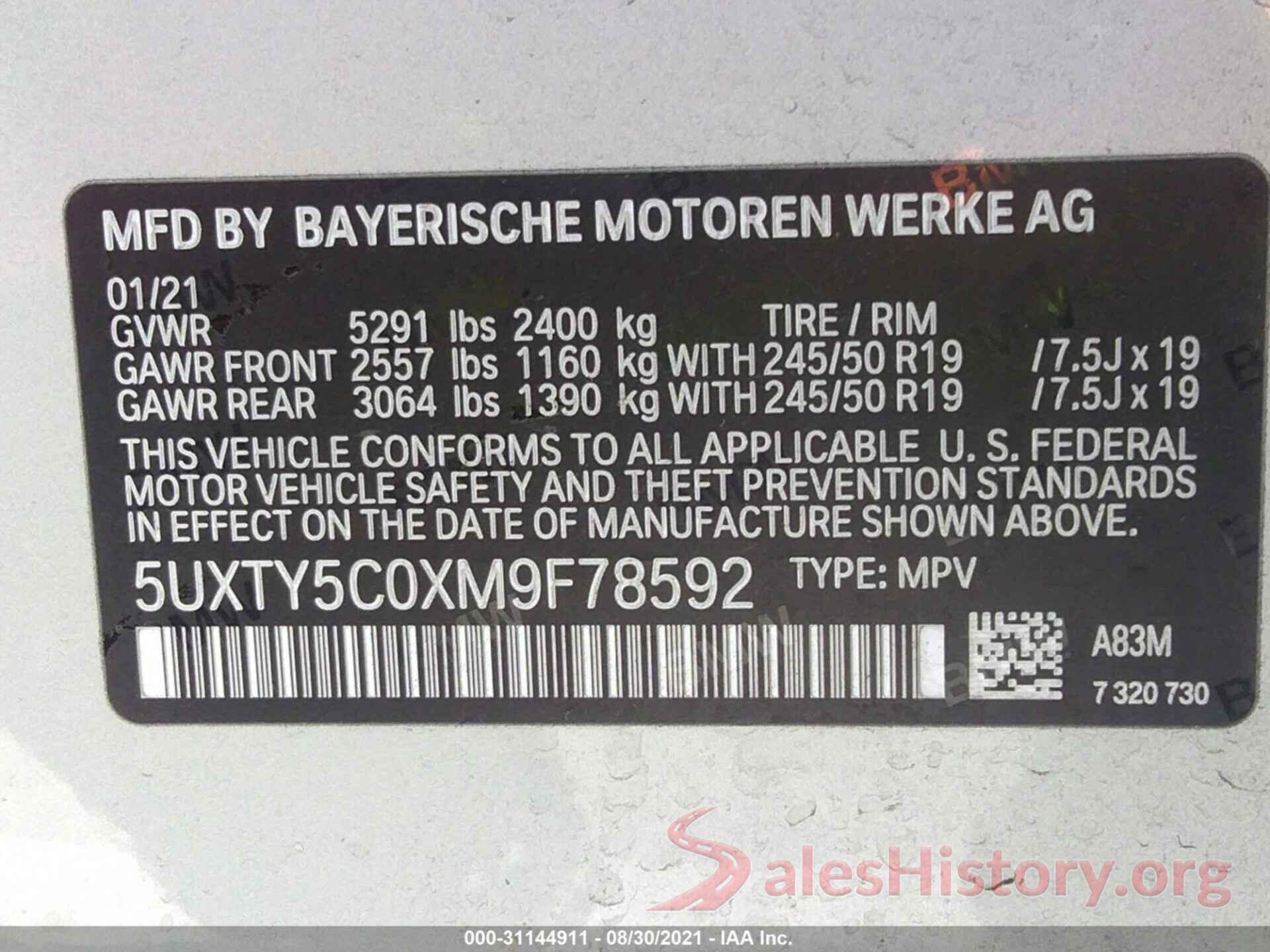 5UXTY5C0XM9F78592 2021 BMW X3