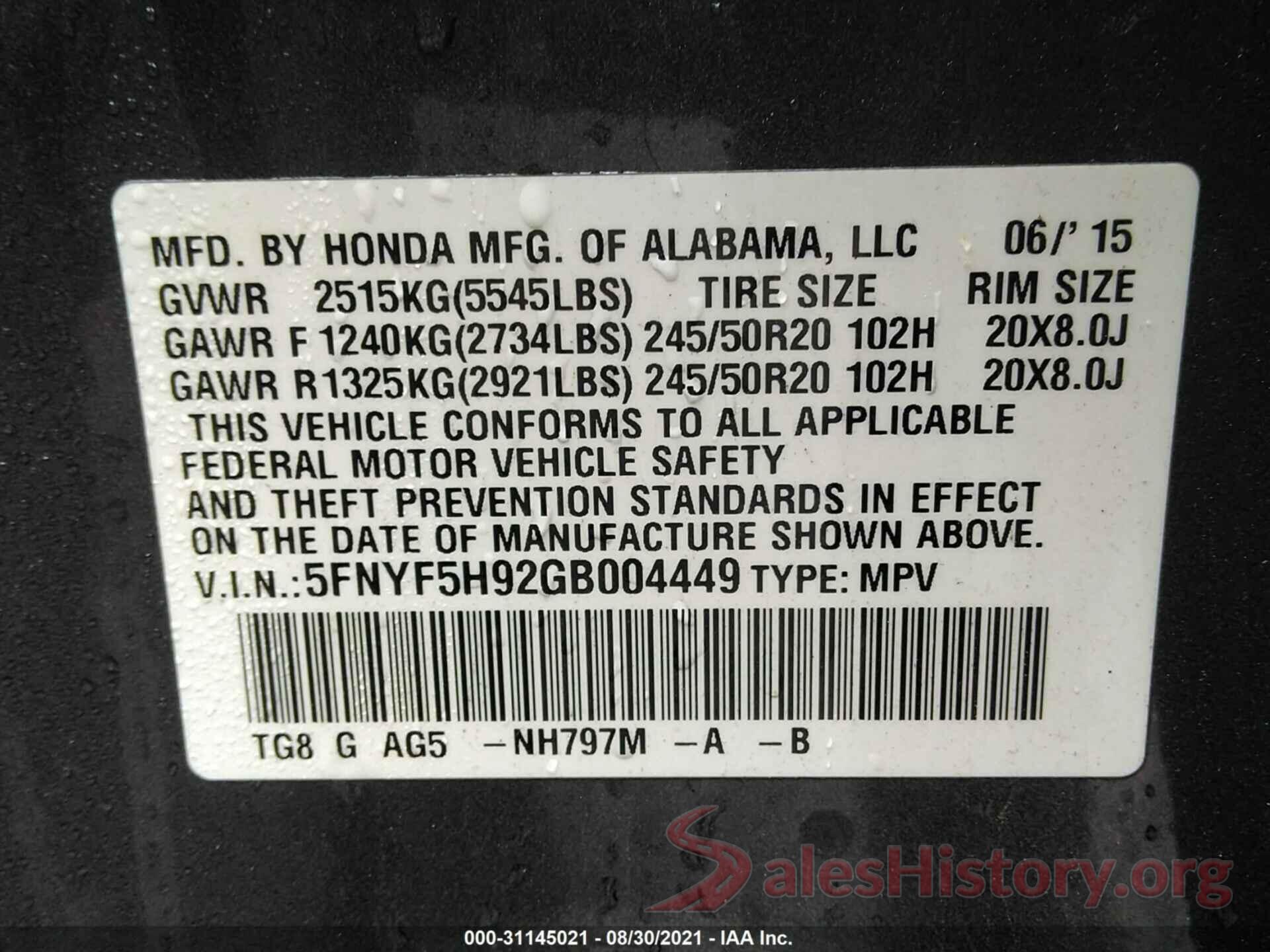 5FNYF5H92GB004449 2016 HONDA PILOT