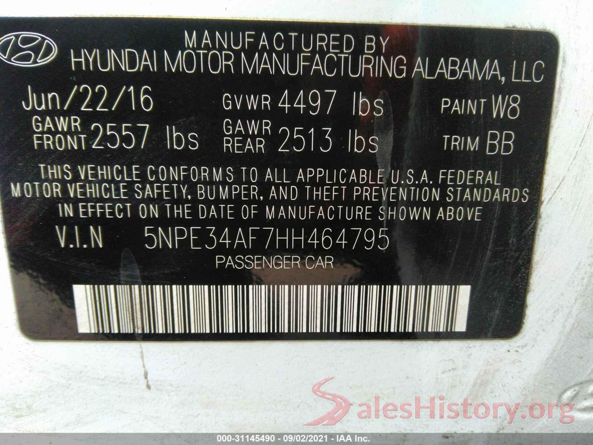 5NPE34AF7HH464795 2017 HYUNDAI SONATA