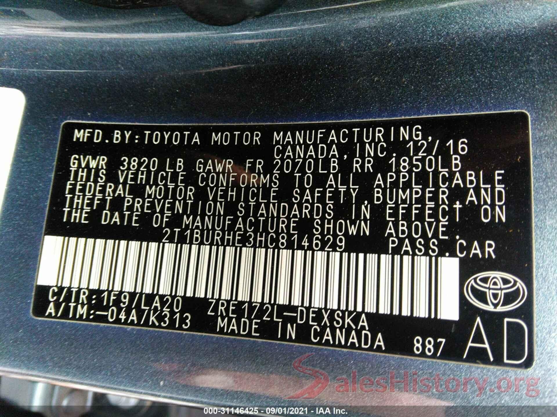 2T1BURHE3HC814629 2017 TOYOTA COROLLA