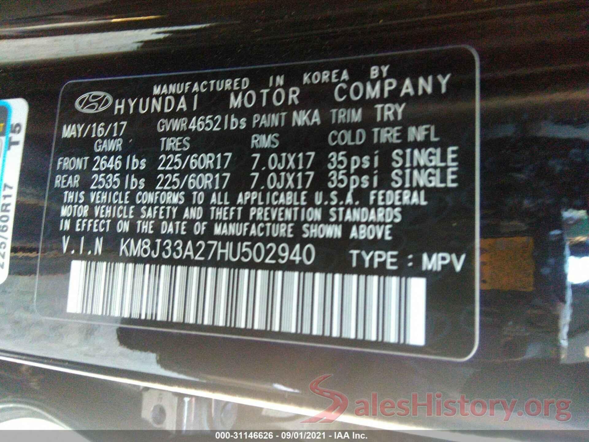 KM8J33A27HU502940 2017 HYUNDAI TUCSON