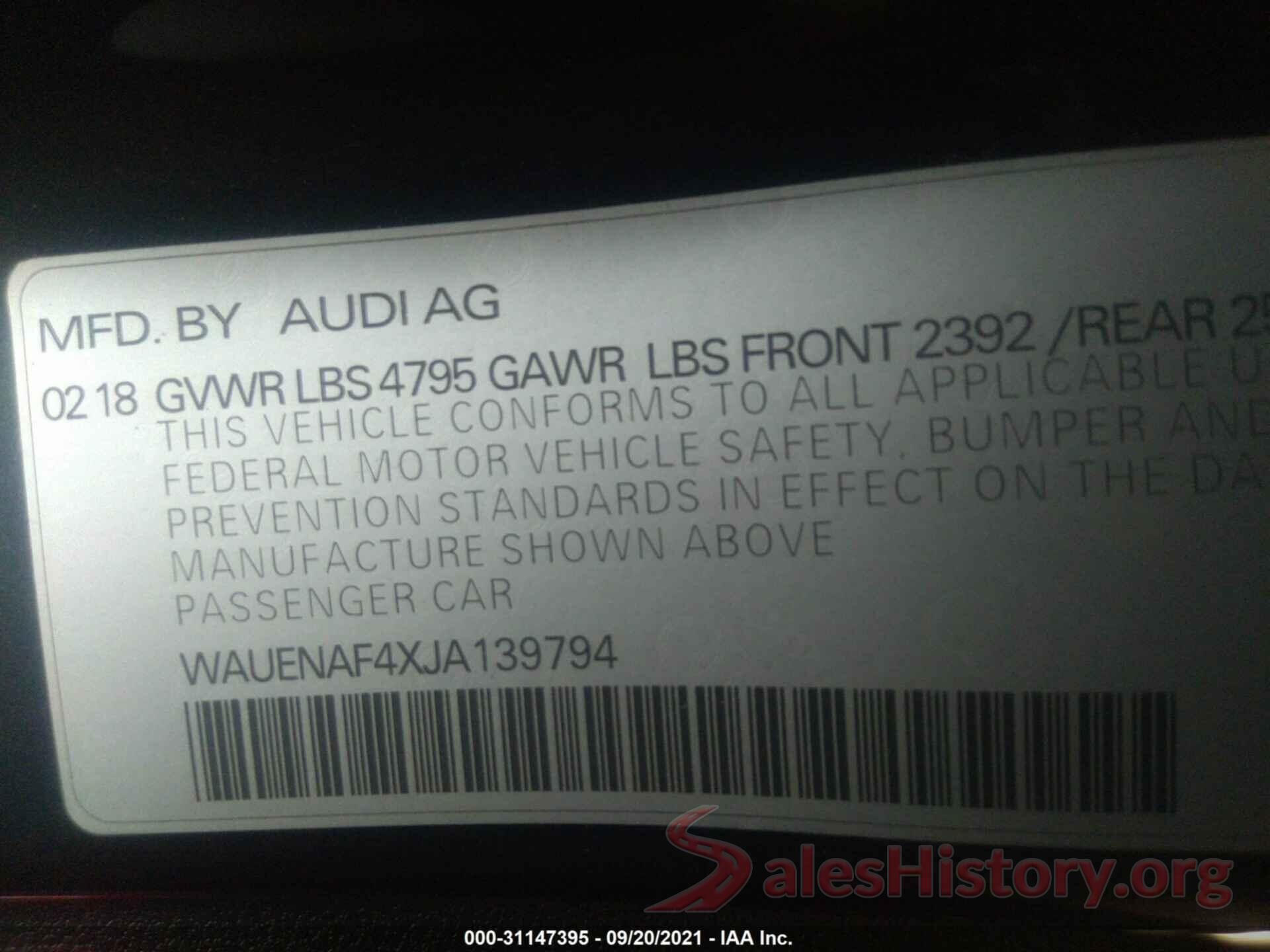 WAUENAF4XJA139794 2018 AUDI A4