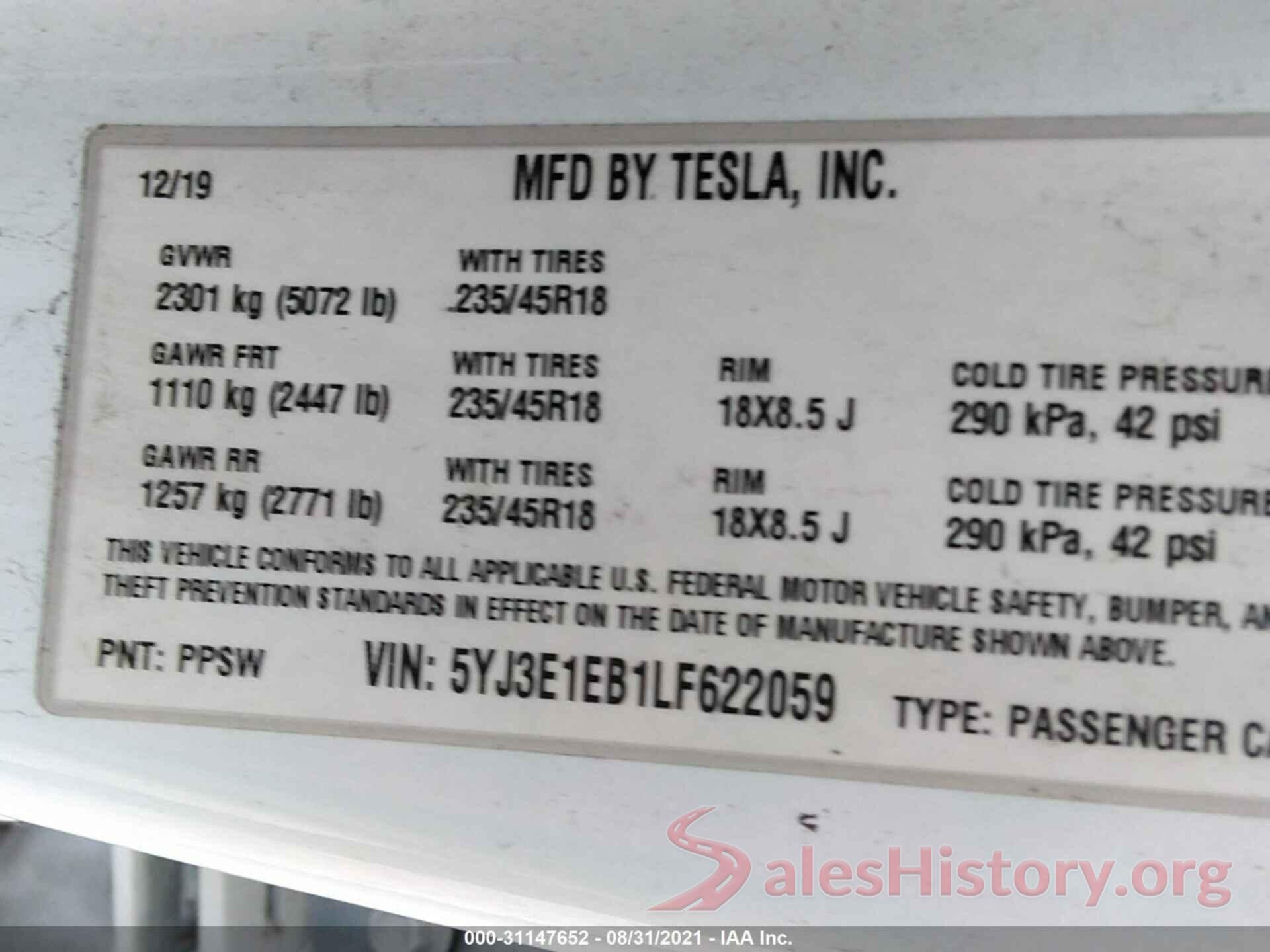 5YJ3E1EB1LF622059 2020 TESLA MODEL 3