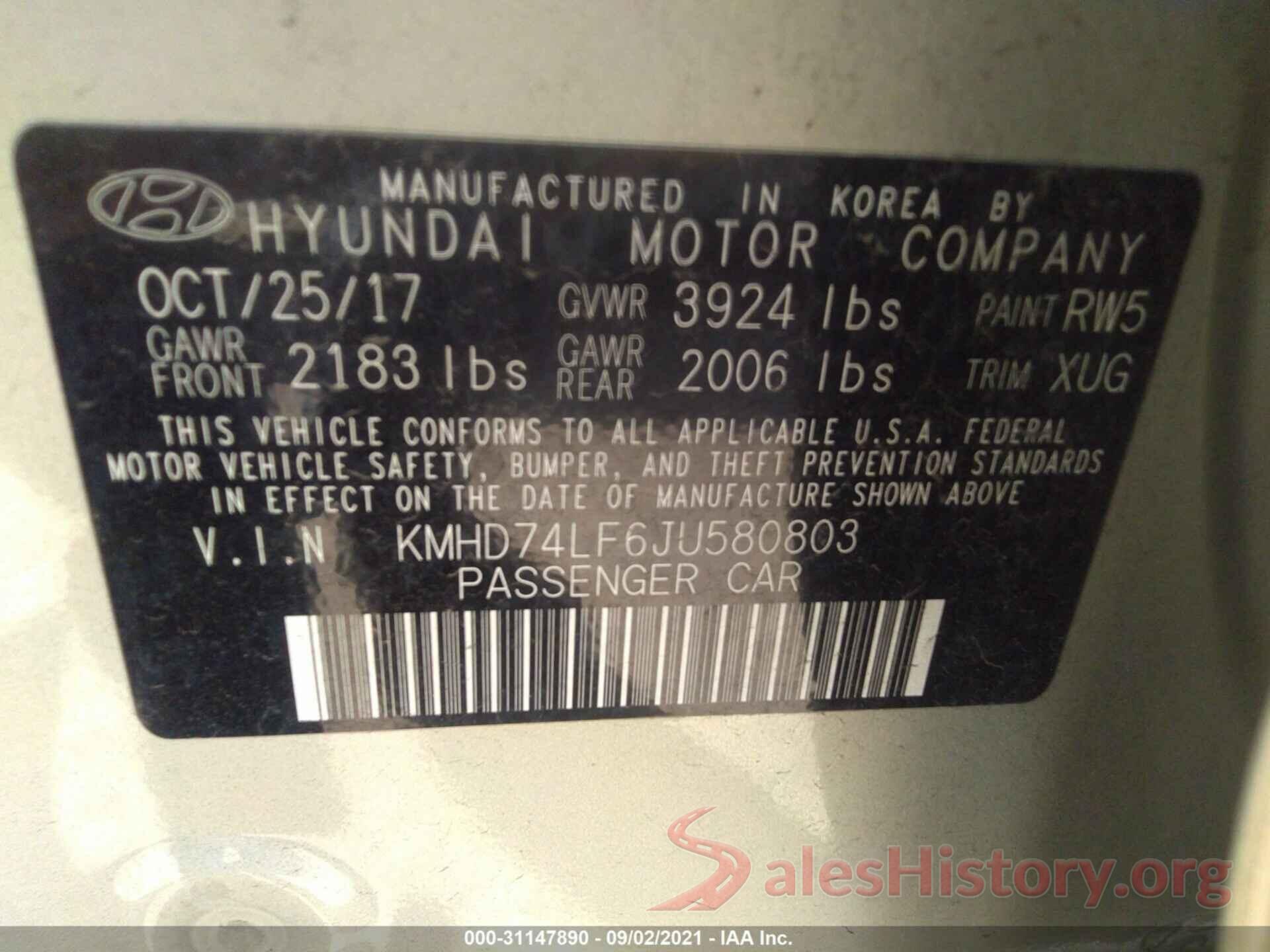 KMHD74LF6JU580803 2018 HYUNDAI ELANTRA