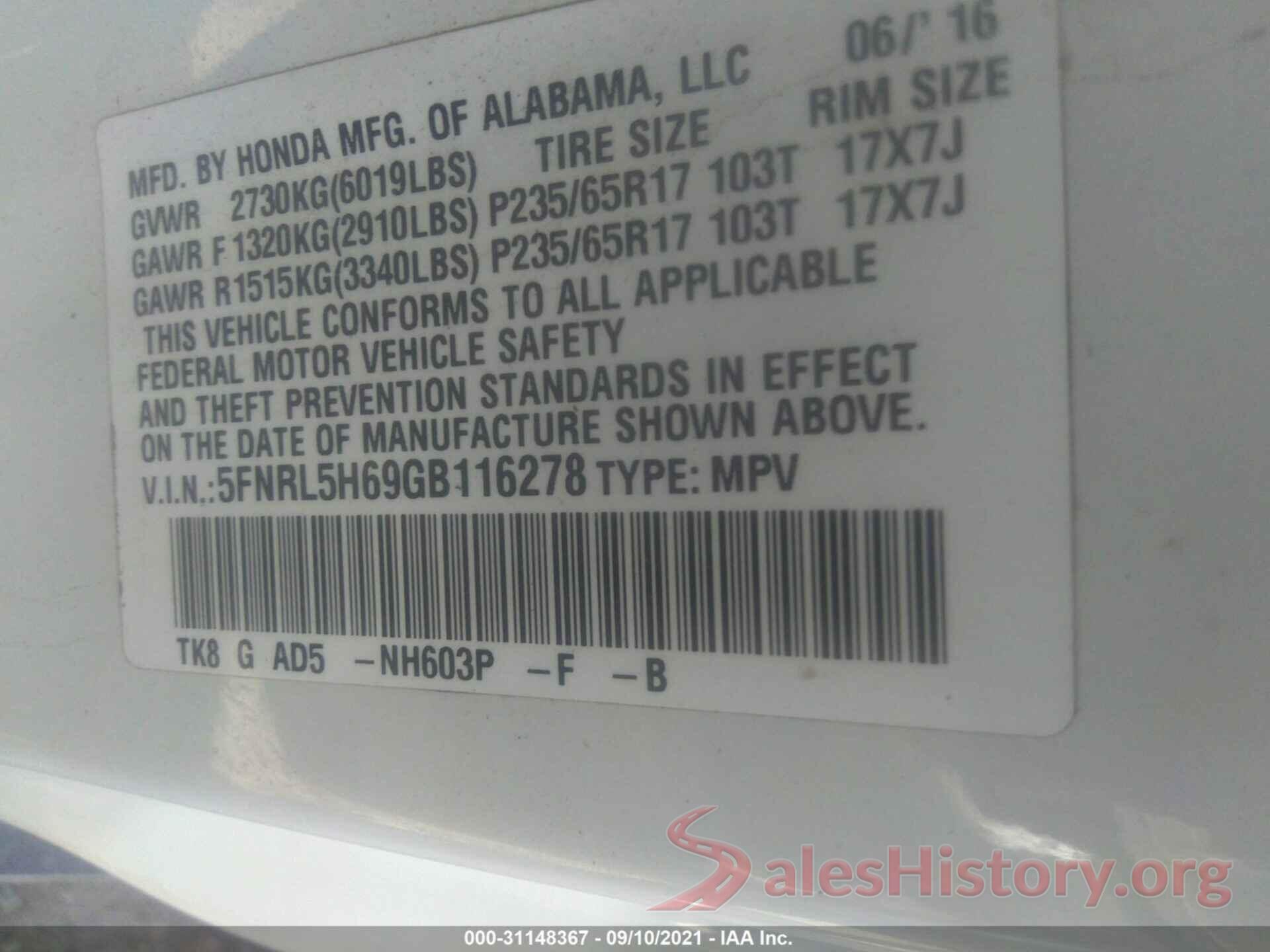 5FNRL5H69GB116278 2016 HONDA ODYSSEY