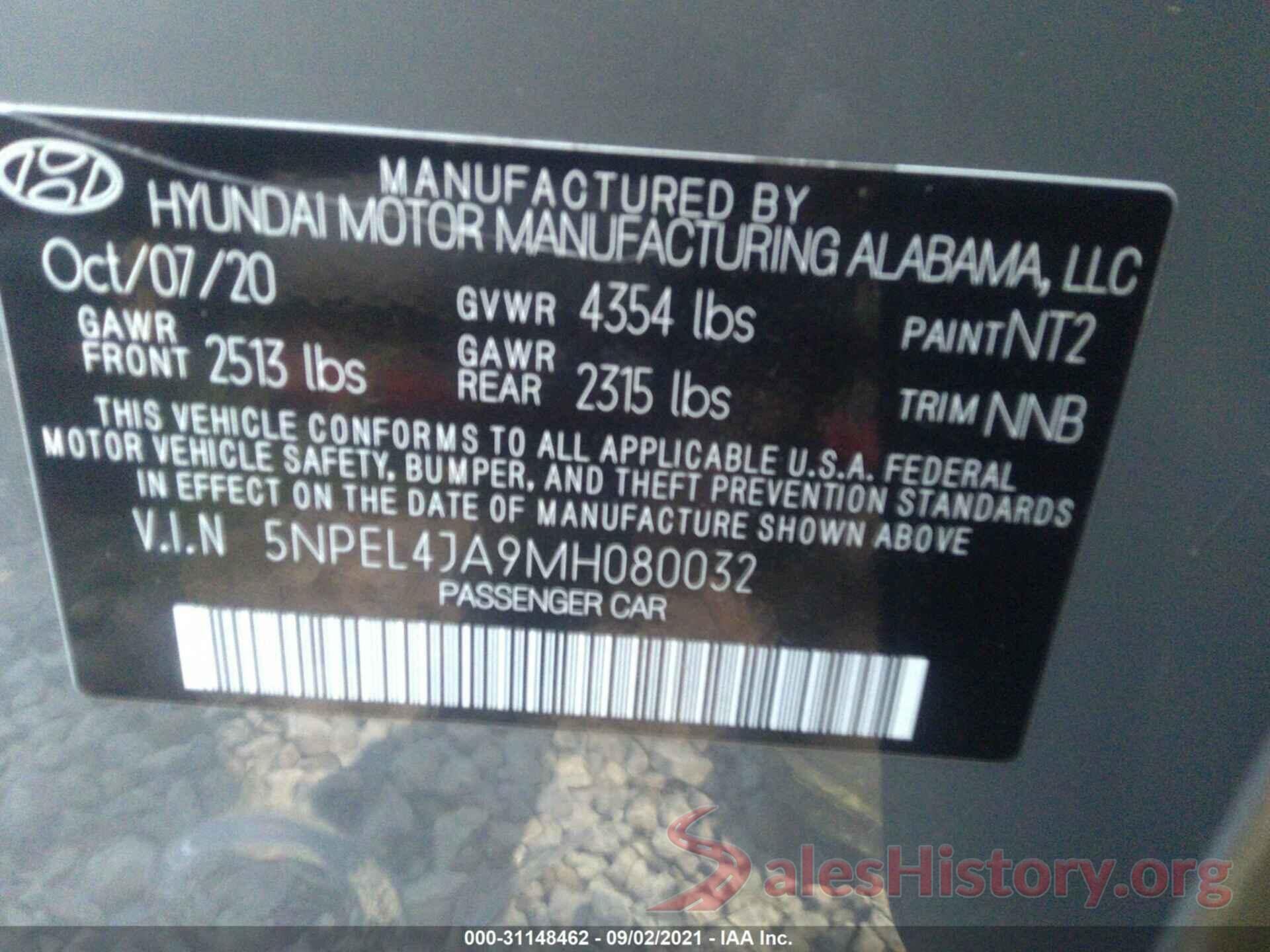 5NPEL4JA9MH080032 2021 HYUNDAI SONATA