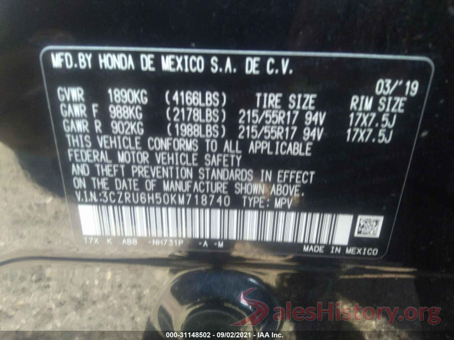 3CZRU6H50KM718740 2019 HONDA HR-V