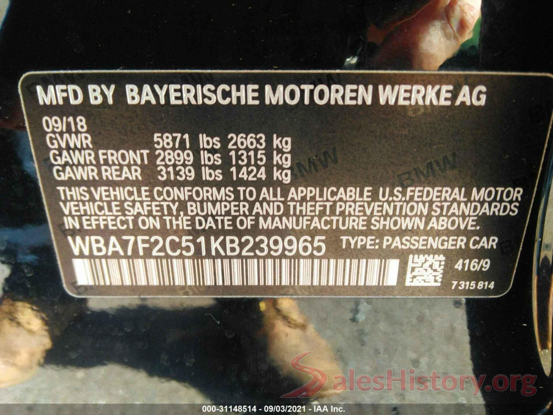 WBA7F2C51KB239965 2019 BMW 7 SERIES