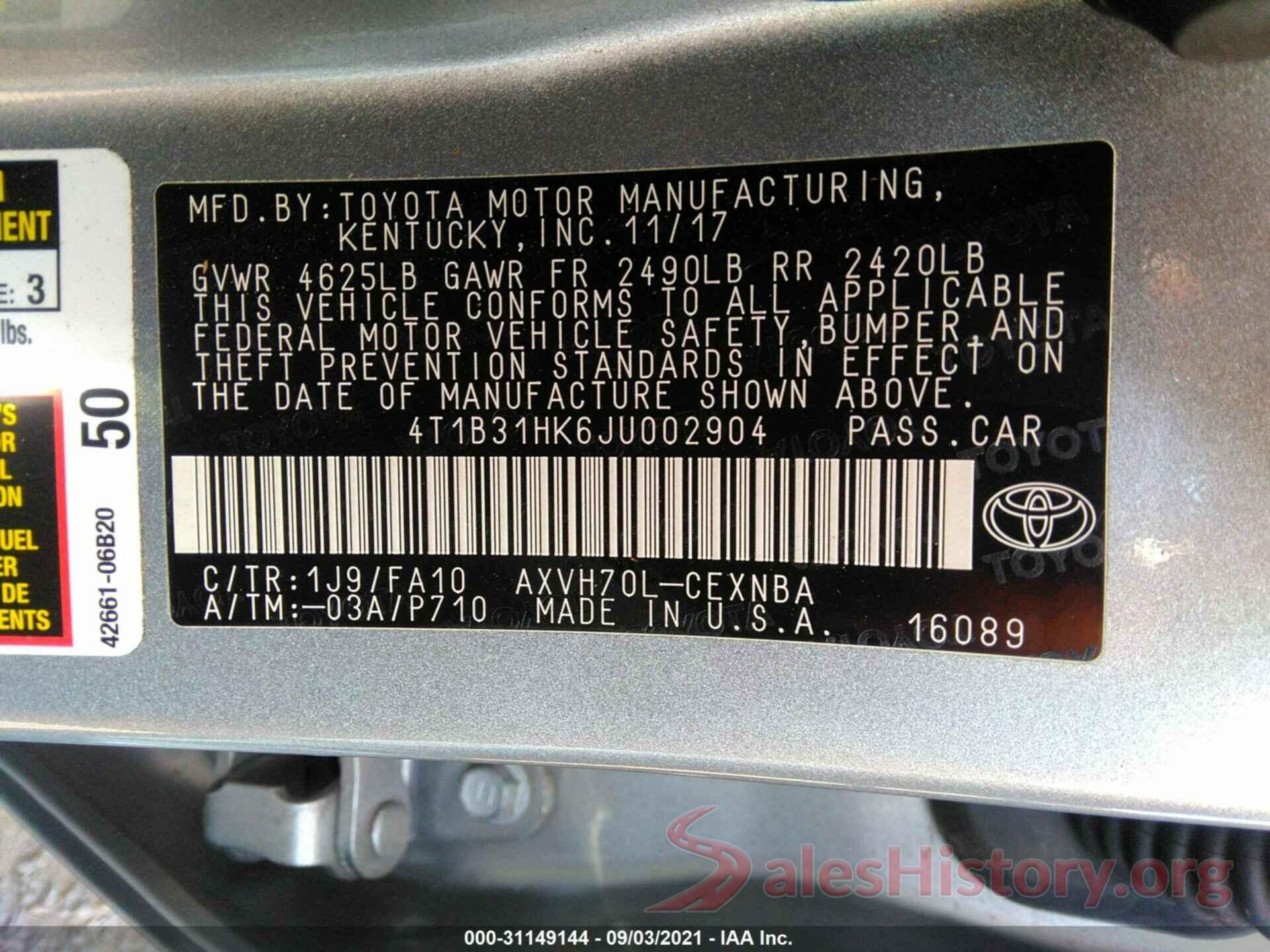 4T1B31HK6JU002904 2018 TOYOTA CAMRY