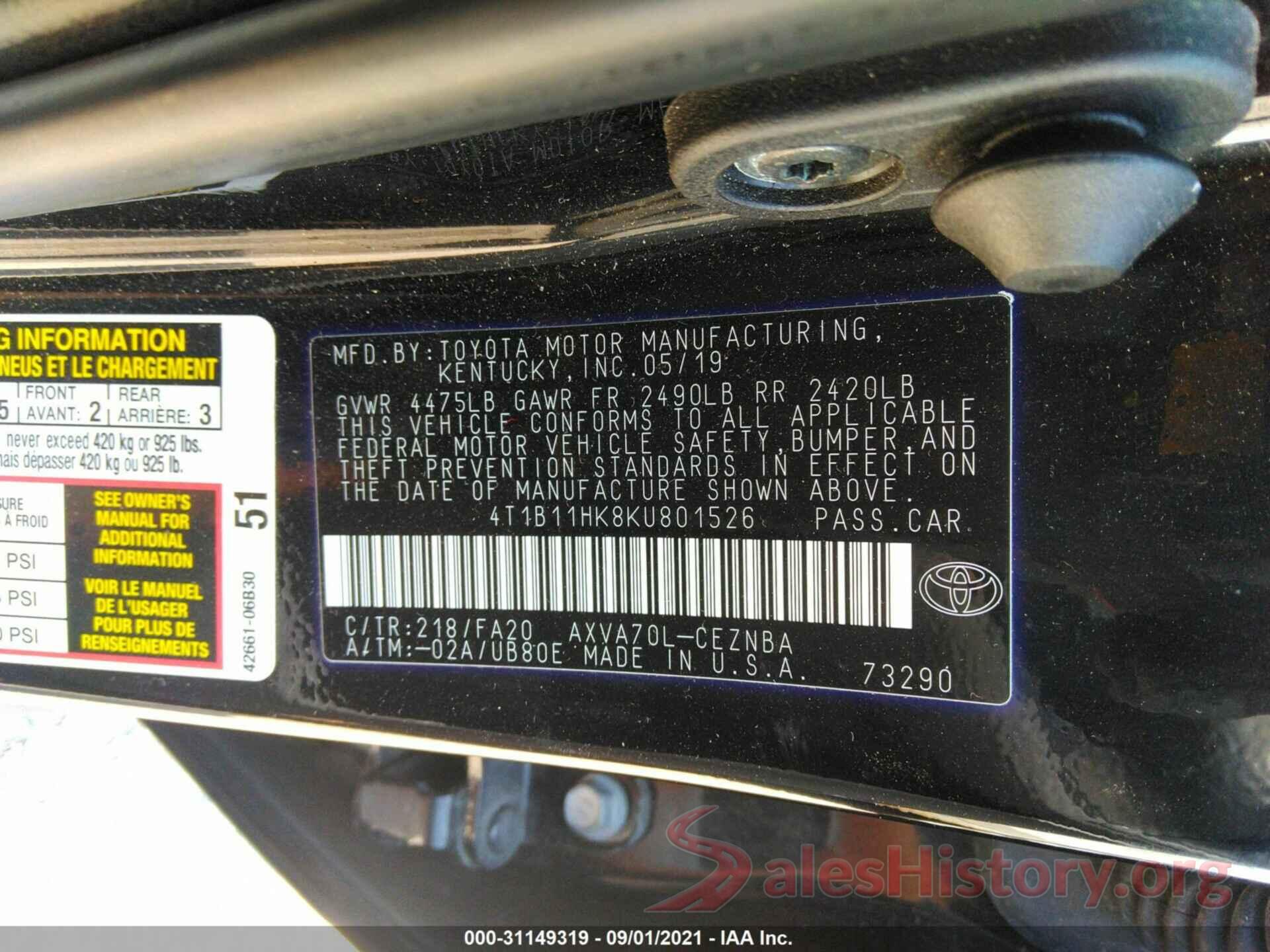 4T1B11HK8KU801526 2019 TOYOTA CAMRY