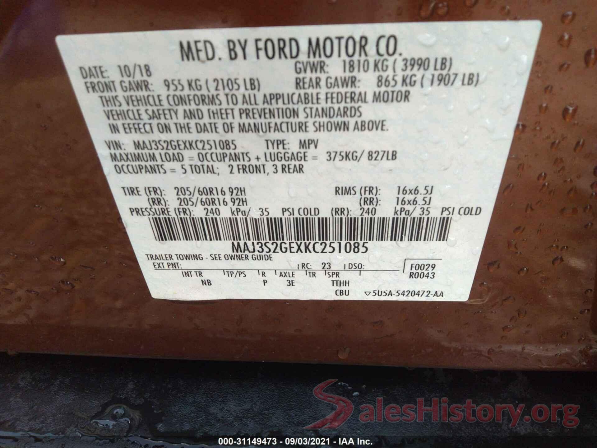 MAJ3S2GEXKC251085 2019 FORD ECOSPORT