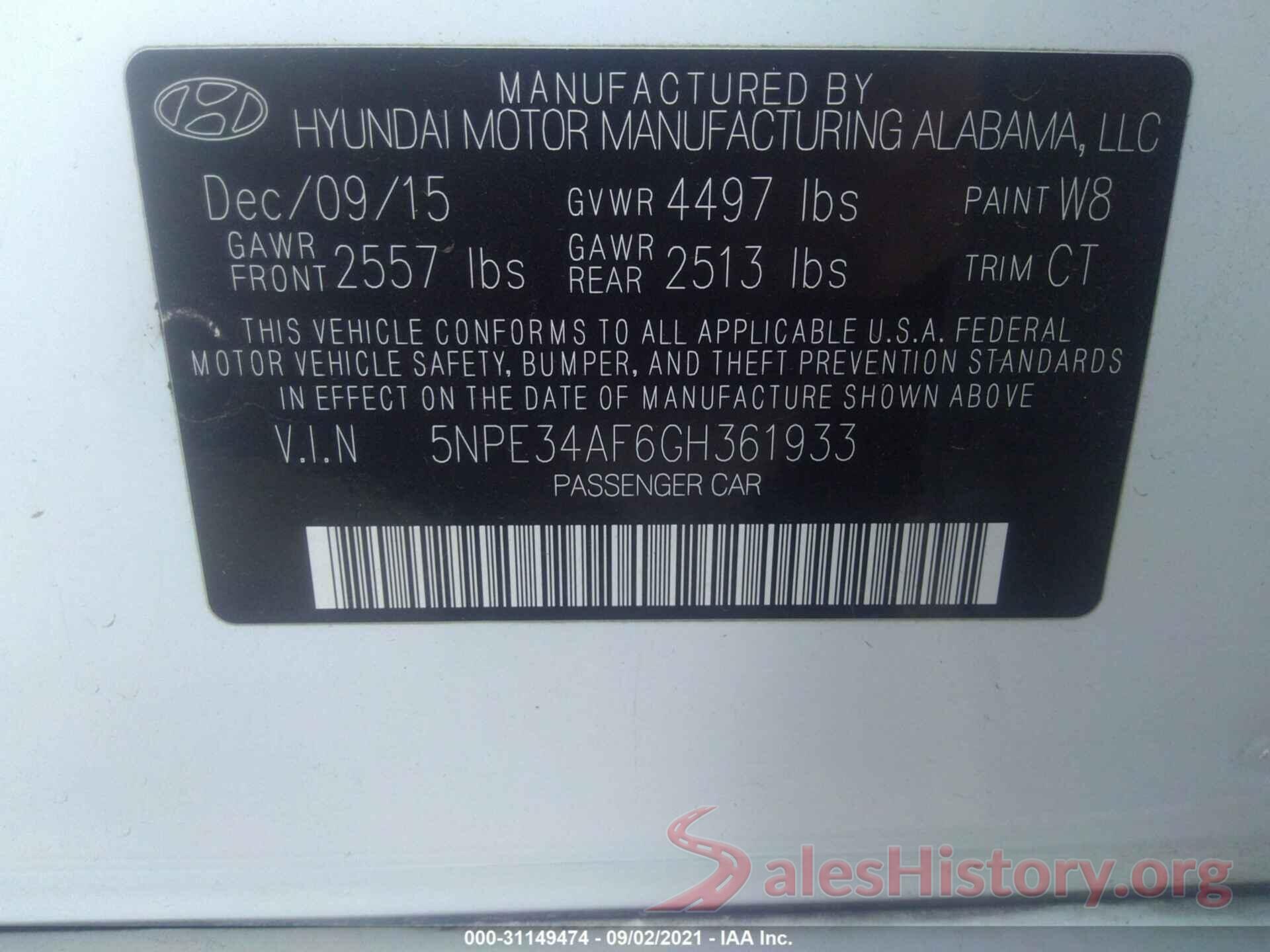 5NPE34AF6GH361933 2016 HYUNDAI SONATA