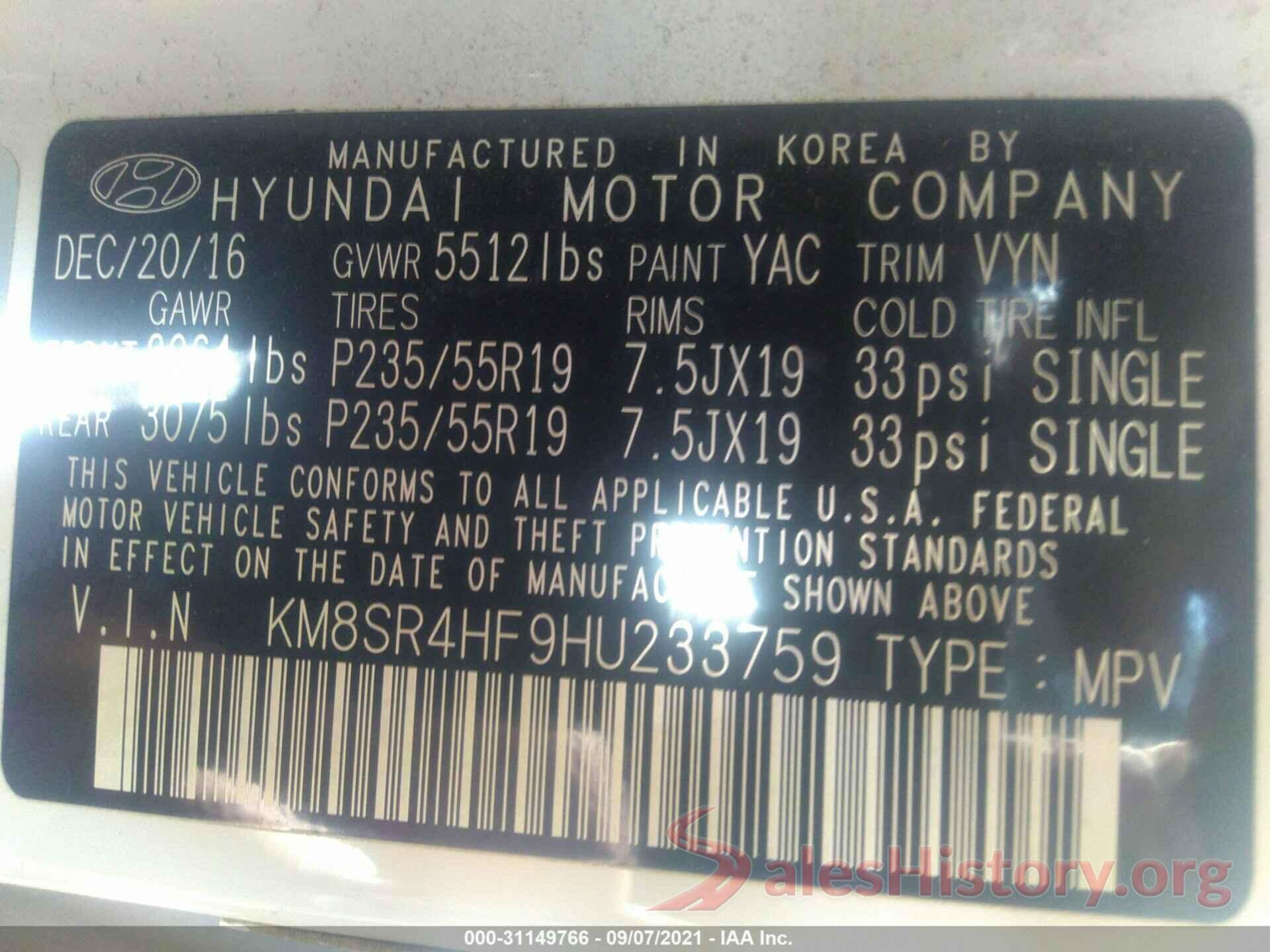 KM8SR4HF9HU233759 2017 HYUNDAI SANTA FE