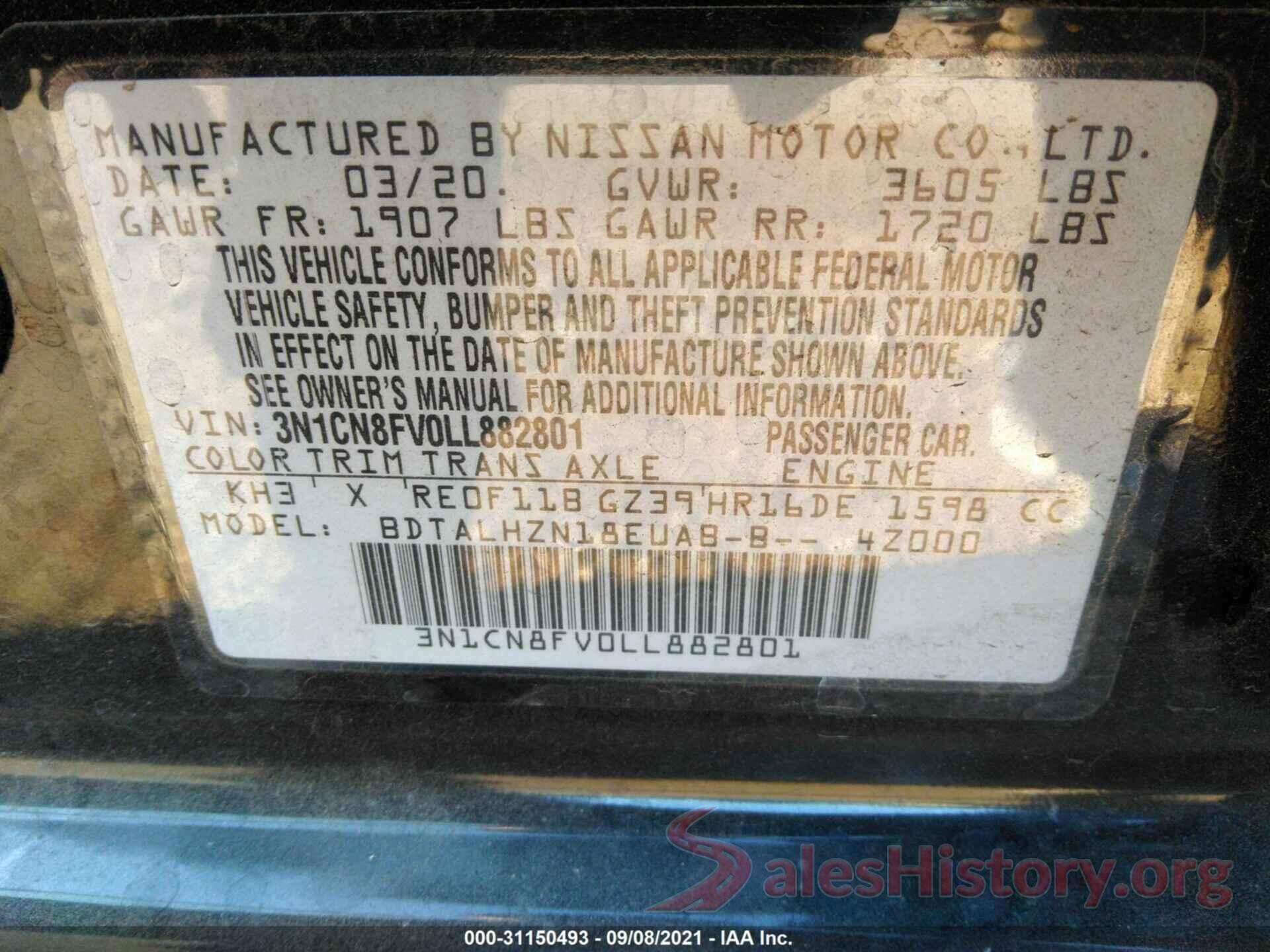 3N1CN8FV0LL882801 2020 NISSAN VERSA