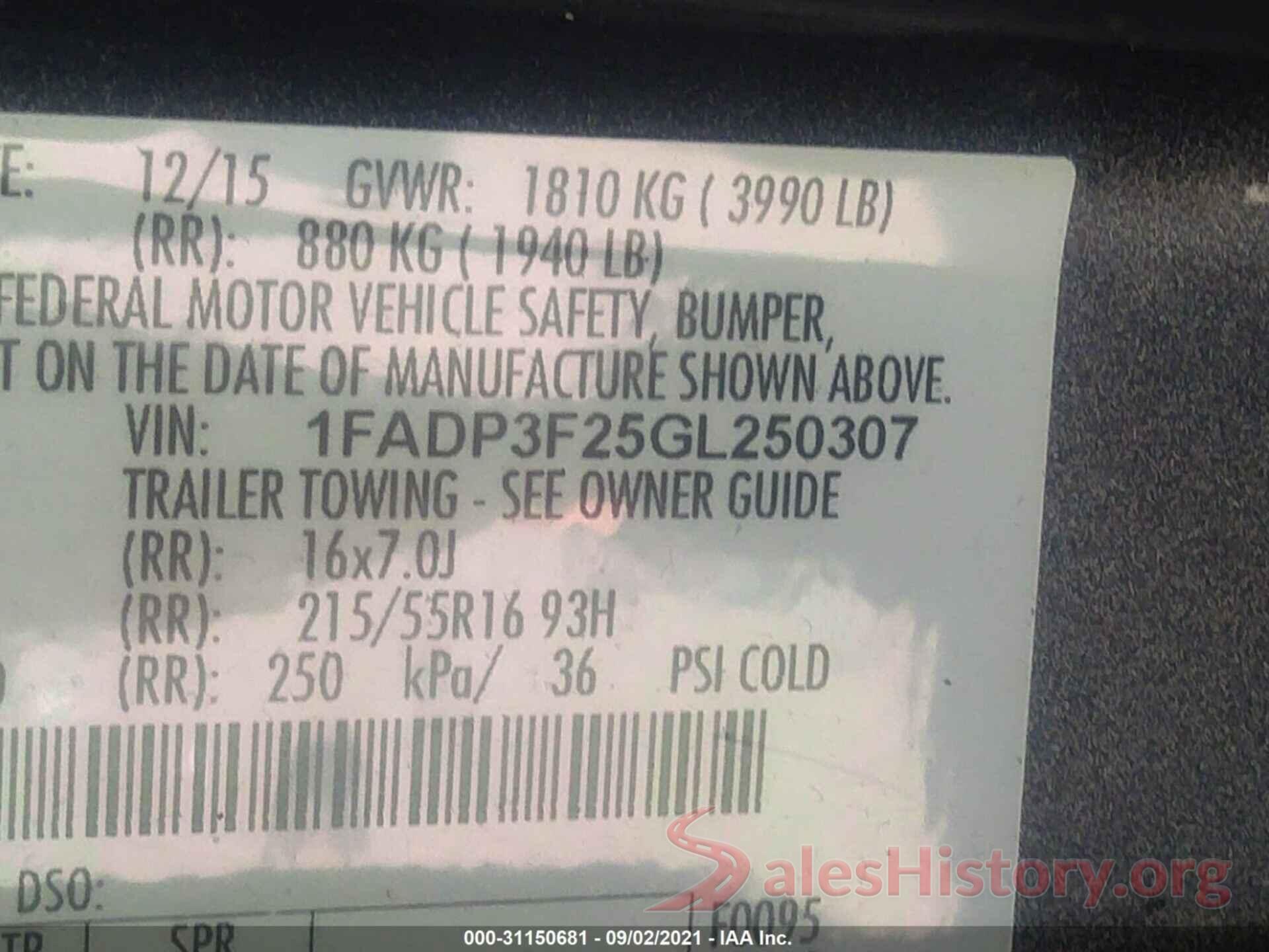 1FADP3F25GL250307 2016 FORD FOCUS