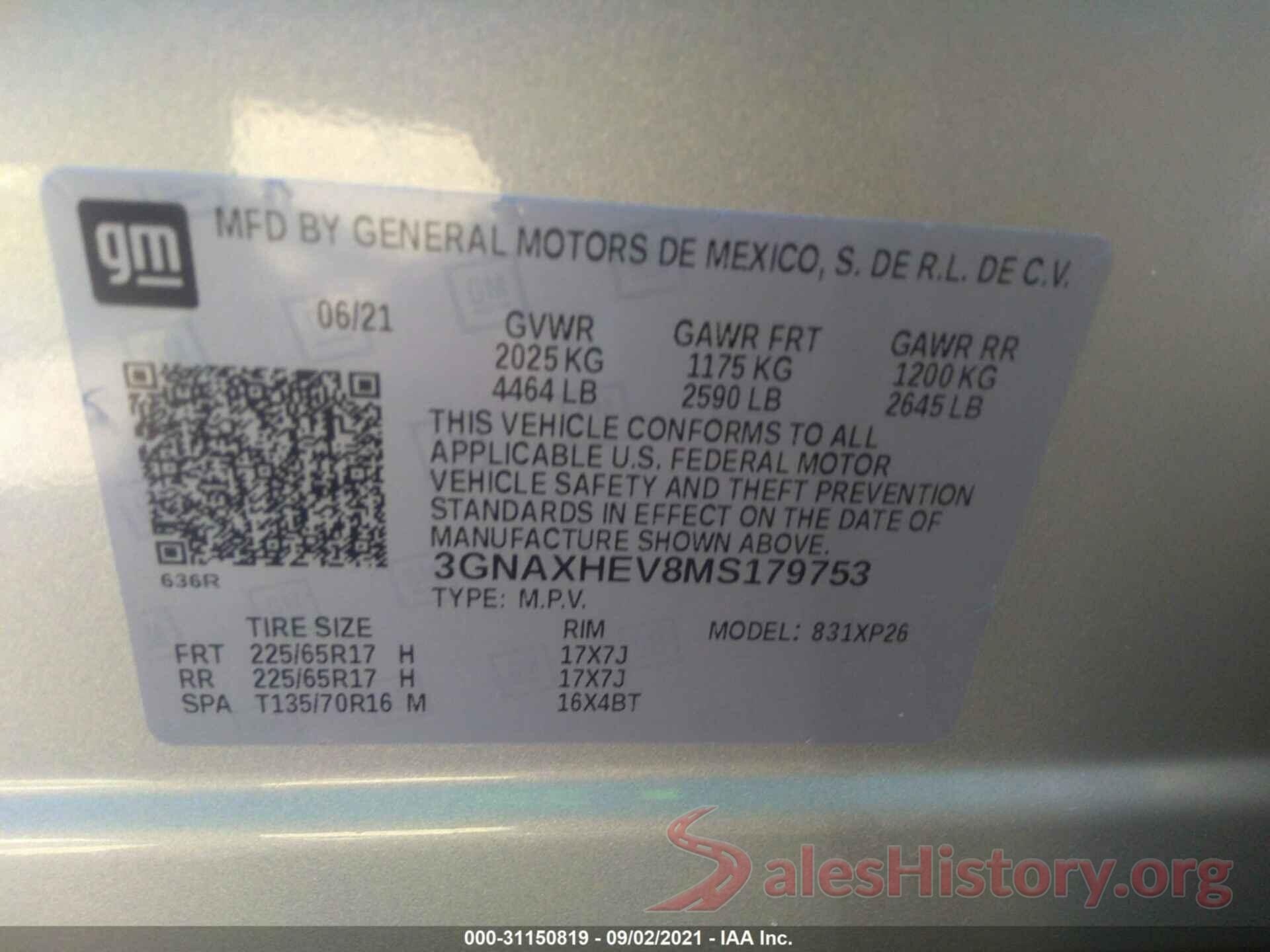 3GNAXHEV8MS179753 2021 CHEVROLET EQUINOX