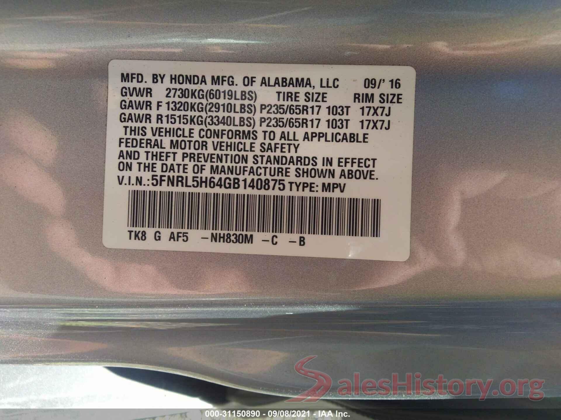 5FNRL5H64GB140875 2016 HONDA ODYSSEY