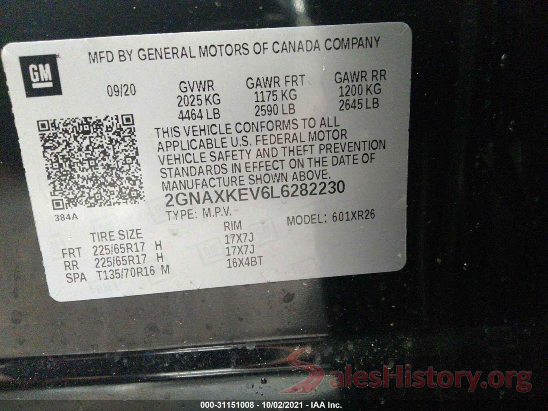 2GNAXKEV6L6282230 2020 CHEVROLET EQUINOX