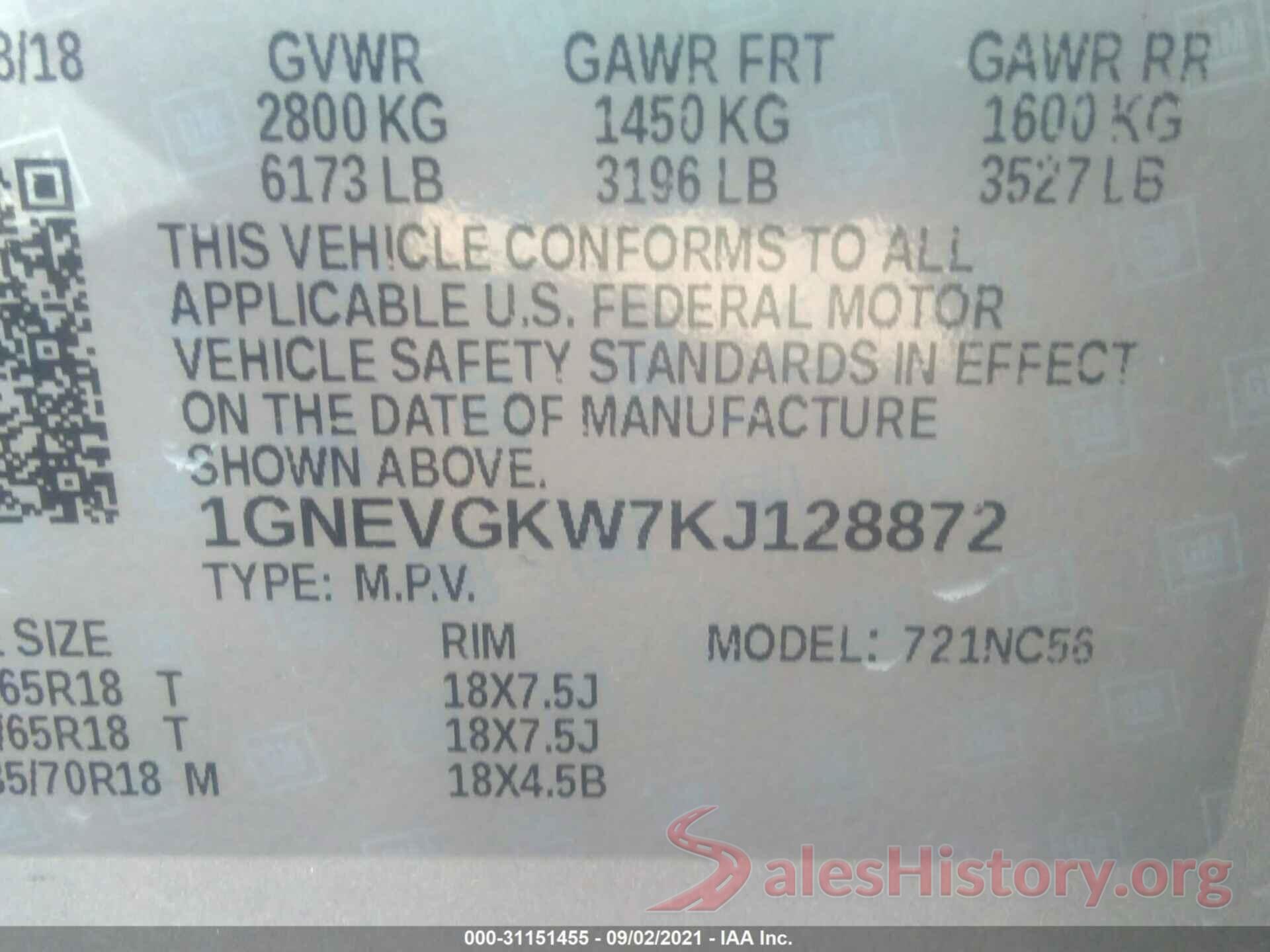 1GNEVGKW7KJ128872 2019 CHEVROLET TRAVERSE