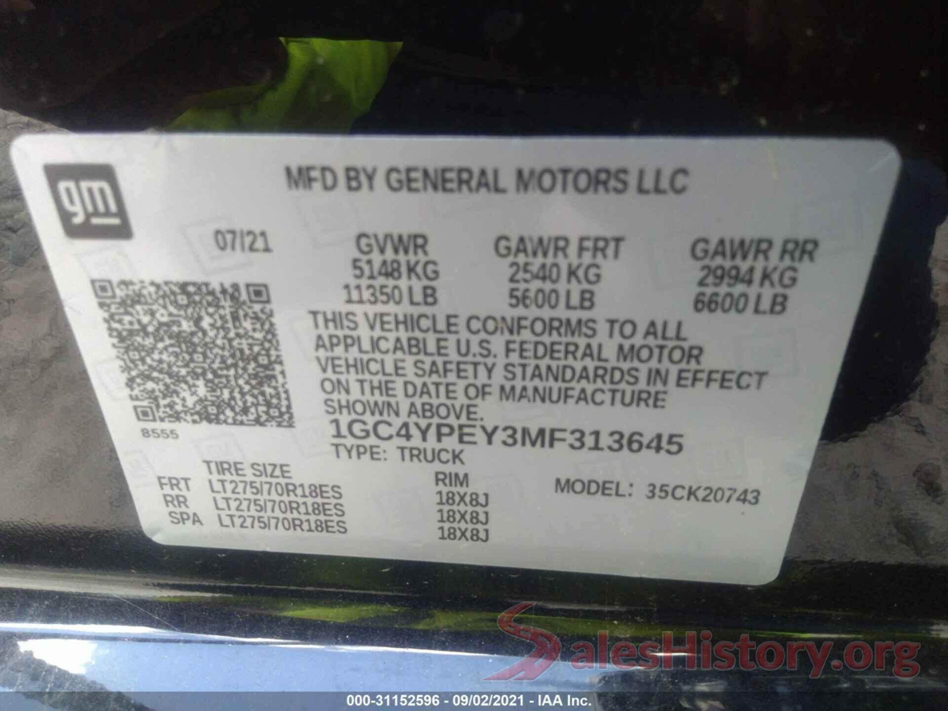 1GC4YPEY3MF313645 2021 CHEVROLET SILVERADO 2500HD